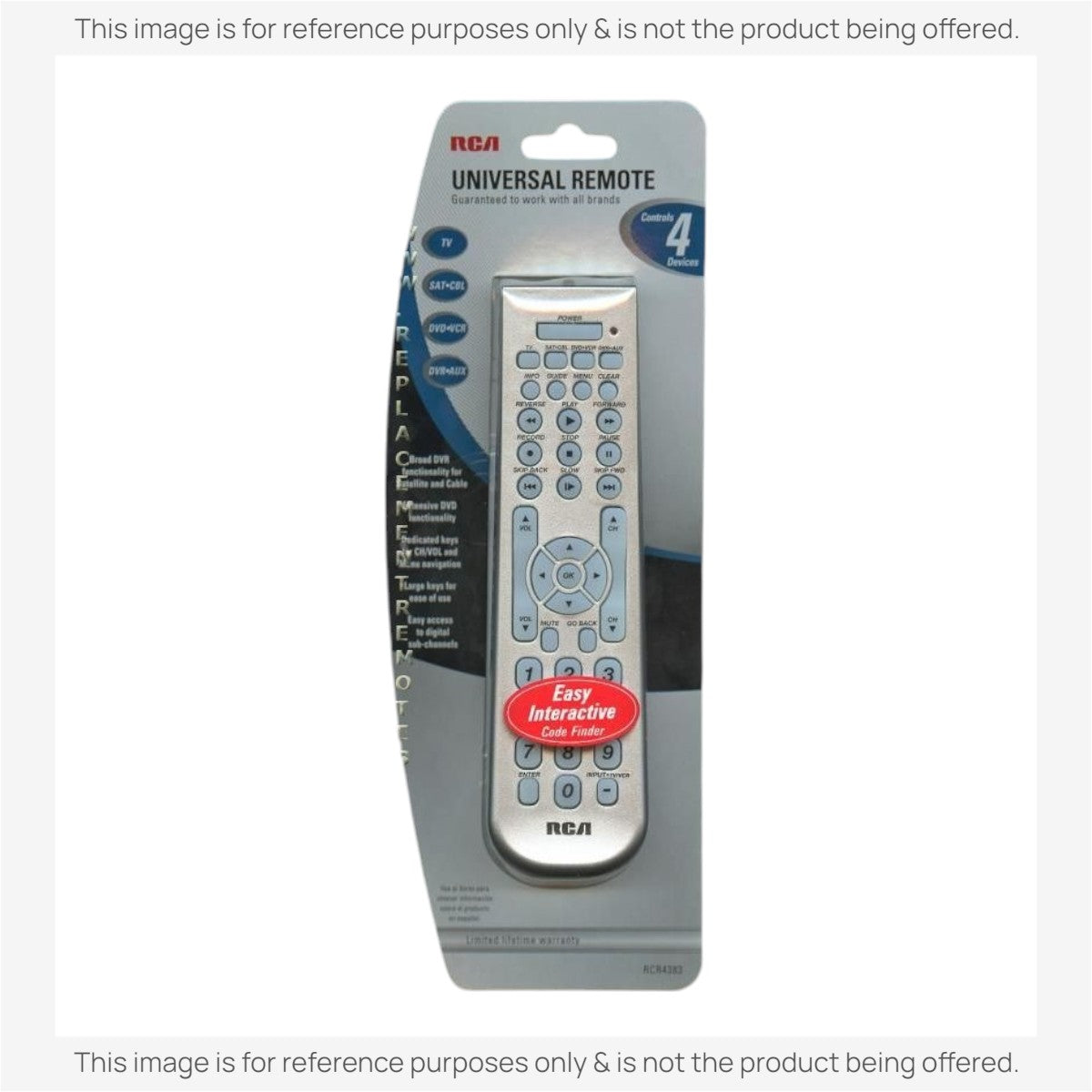 Anderic universal remote control for 4 devices in original retail packaging, silver finish with clearly labeled buttons.