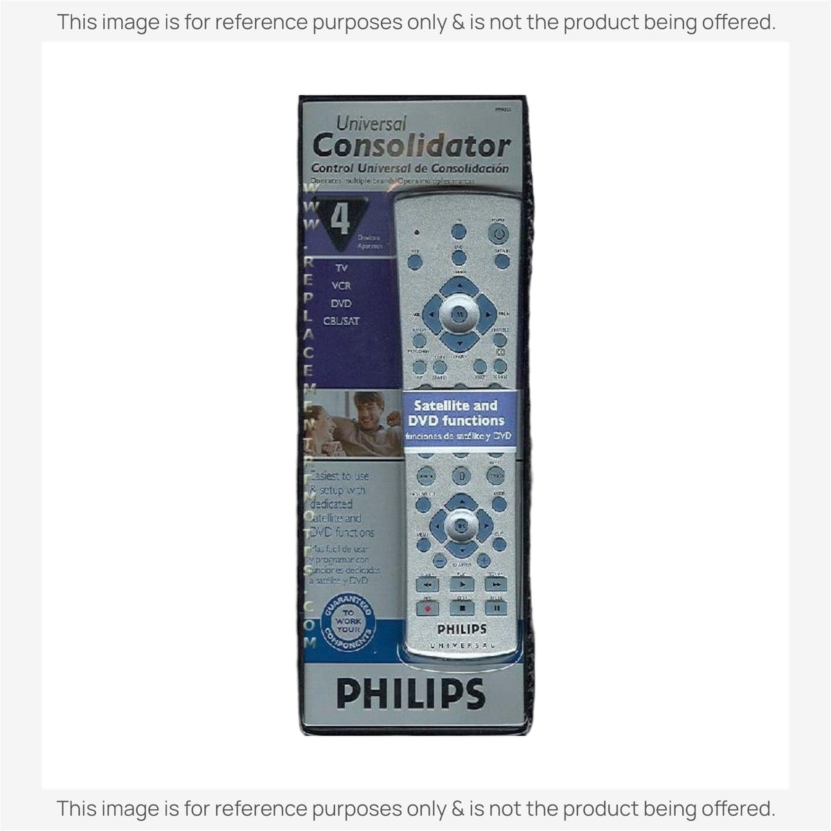 Anderic universal remote control in packaging, a silver 4-device replacement for Philips PM4355 with backlit keypad.