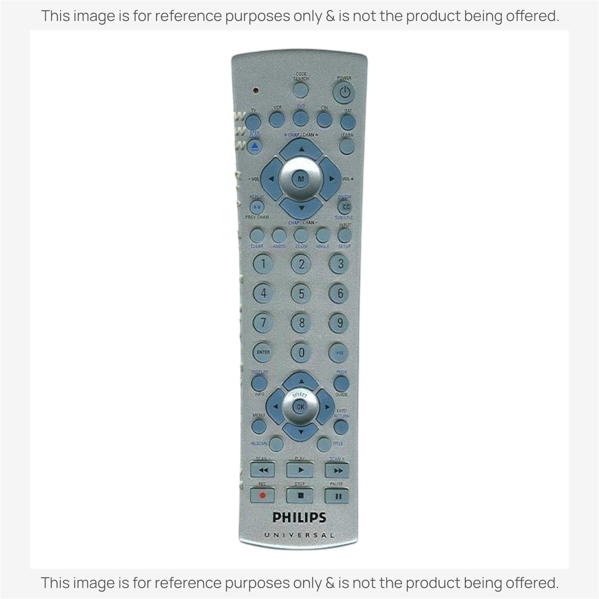 Anderic universal remote control for Philips devices with a silver finish, backlit keypad, and dedicated media buttons.