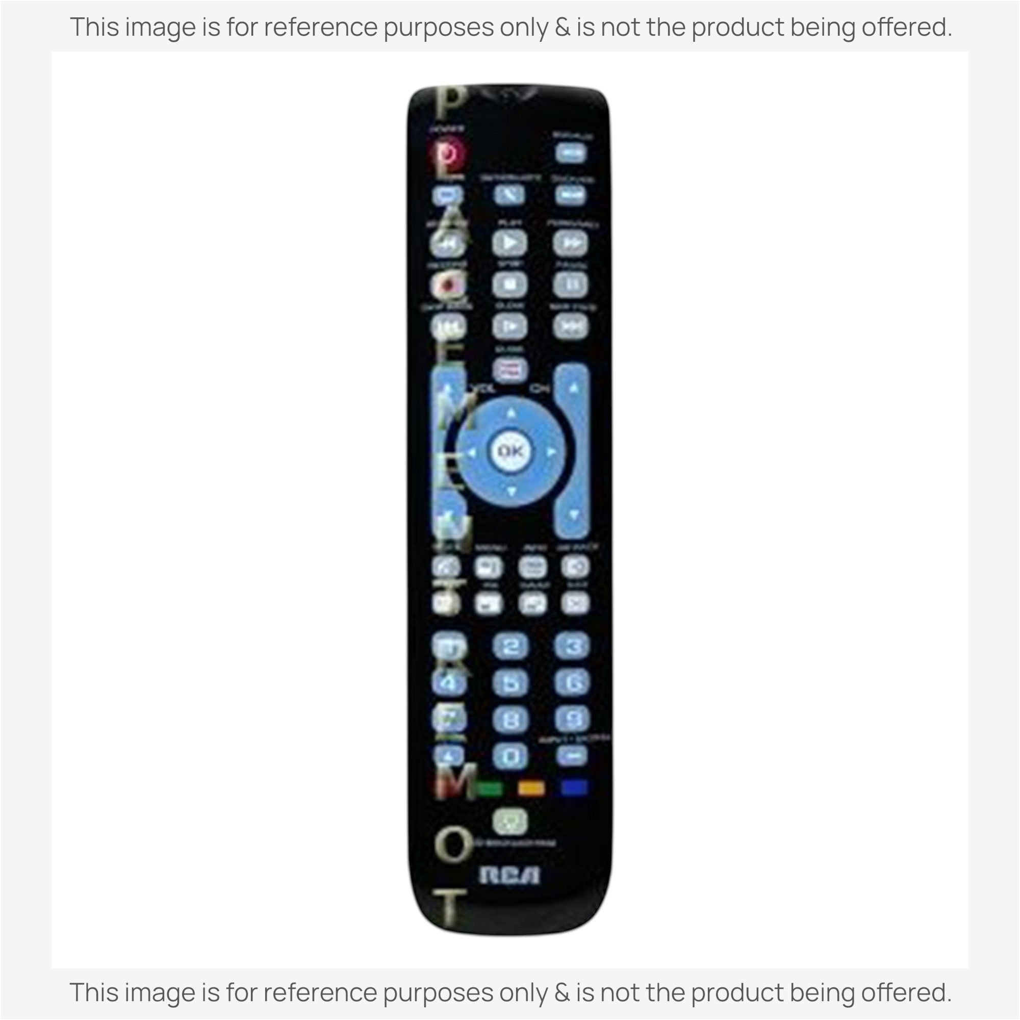 Anderic universal remote control for RCA devices with a black ergonomic body and green backlit keypad buttons.
