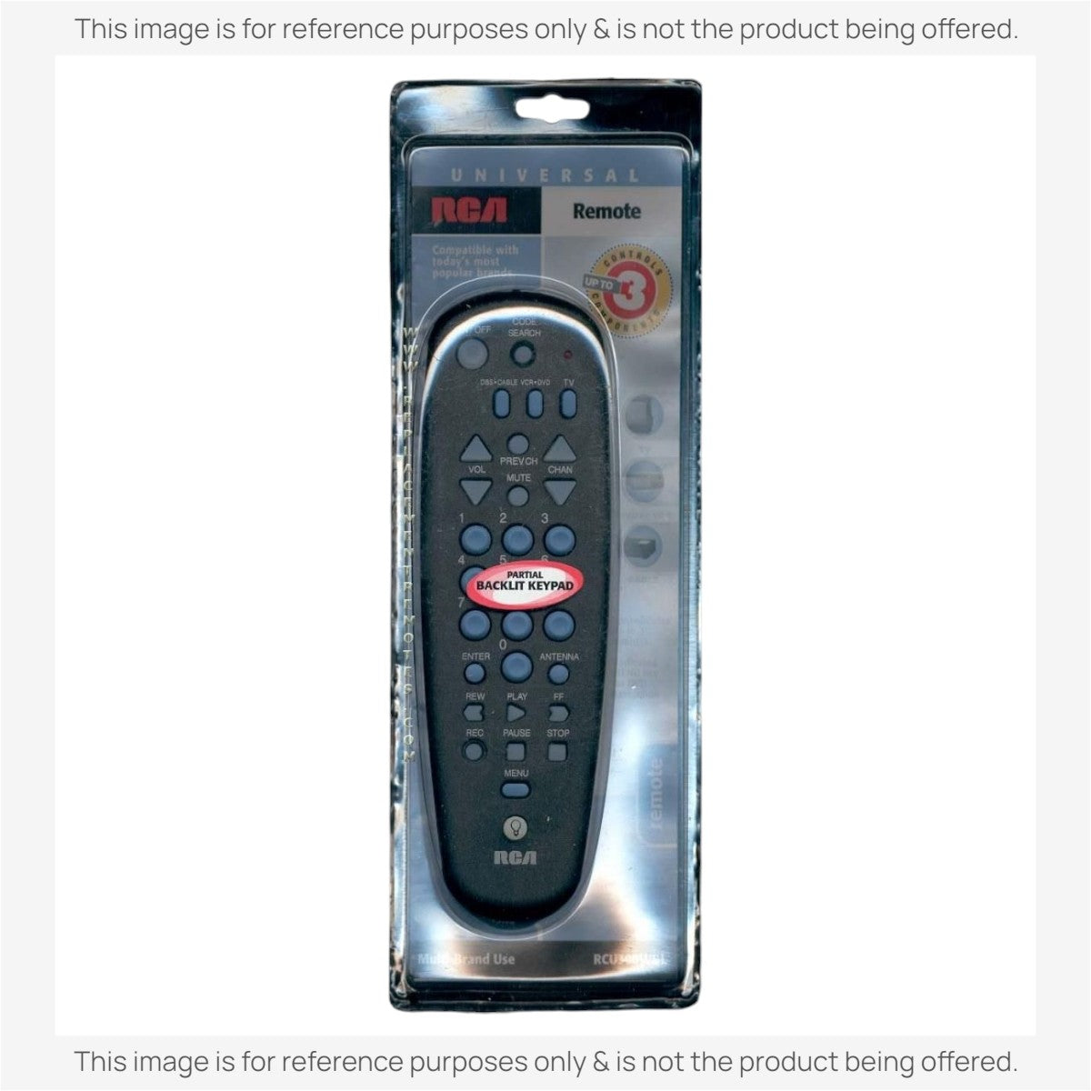 Anderic universal remote control for RCA RCU300WBL in retail packaging with backlit keypad and 3-device capability.