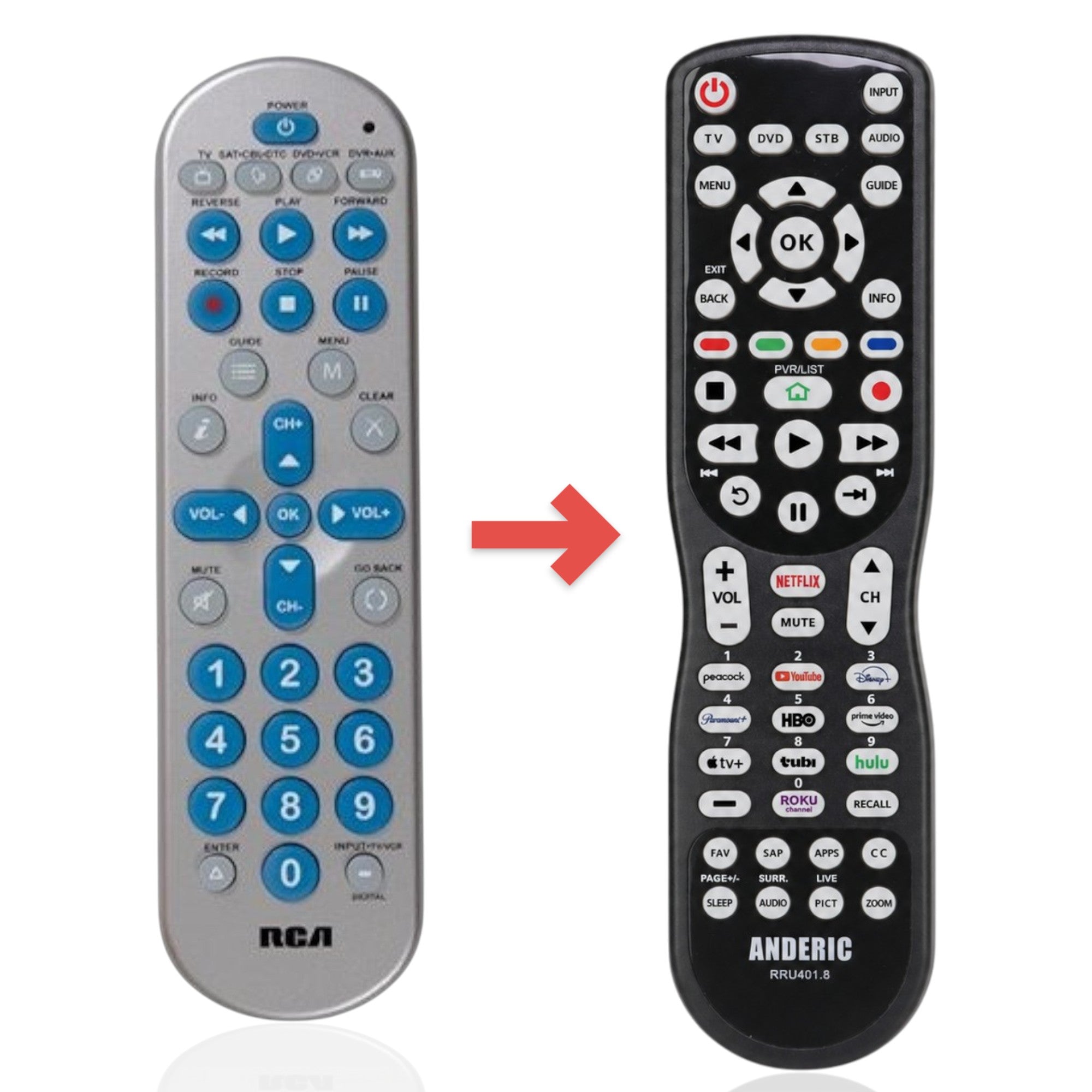 Anderic universal remote control for 4 devices with silver finish and blue buttons for easy navigation