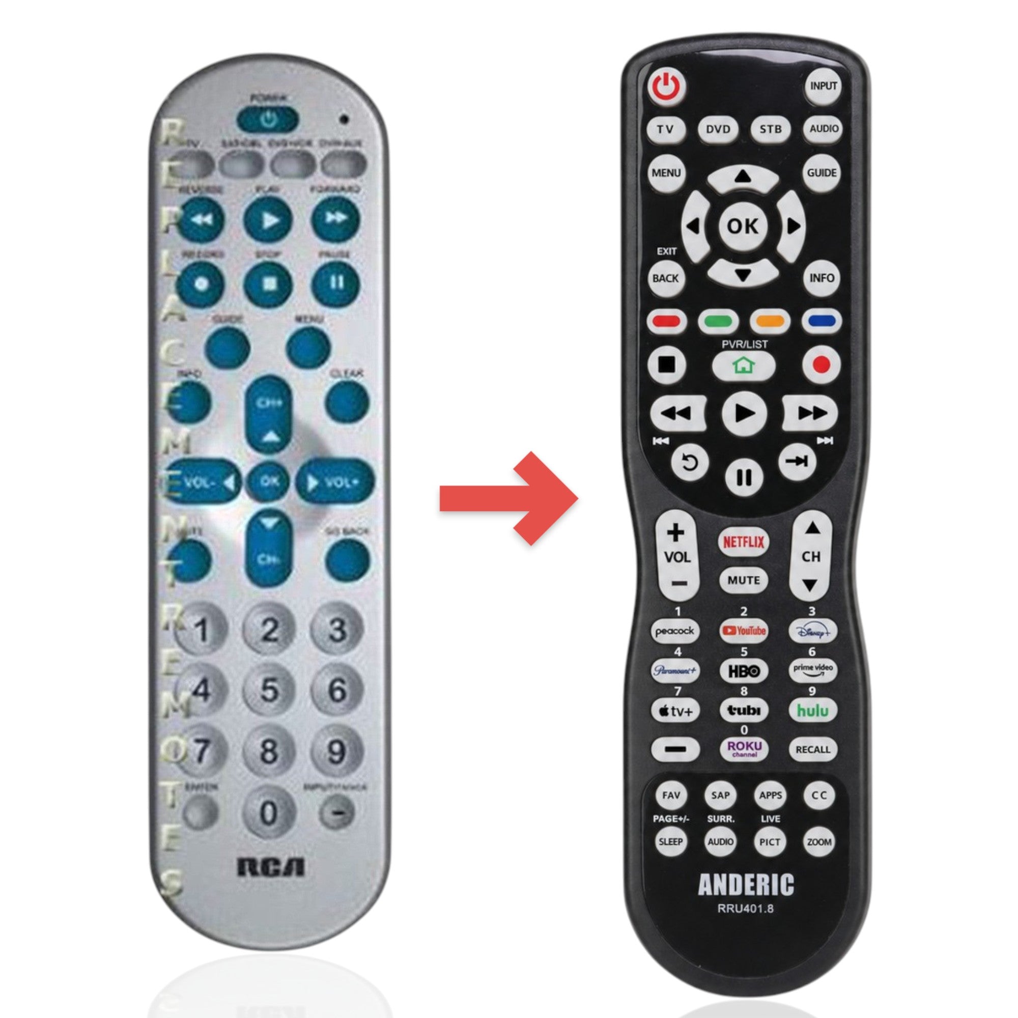 Anderic 4-device universal remote control in silver with blue buttons for TV, cable, and DVD player navigation.