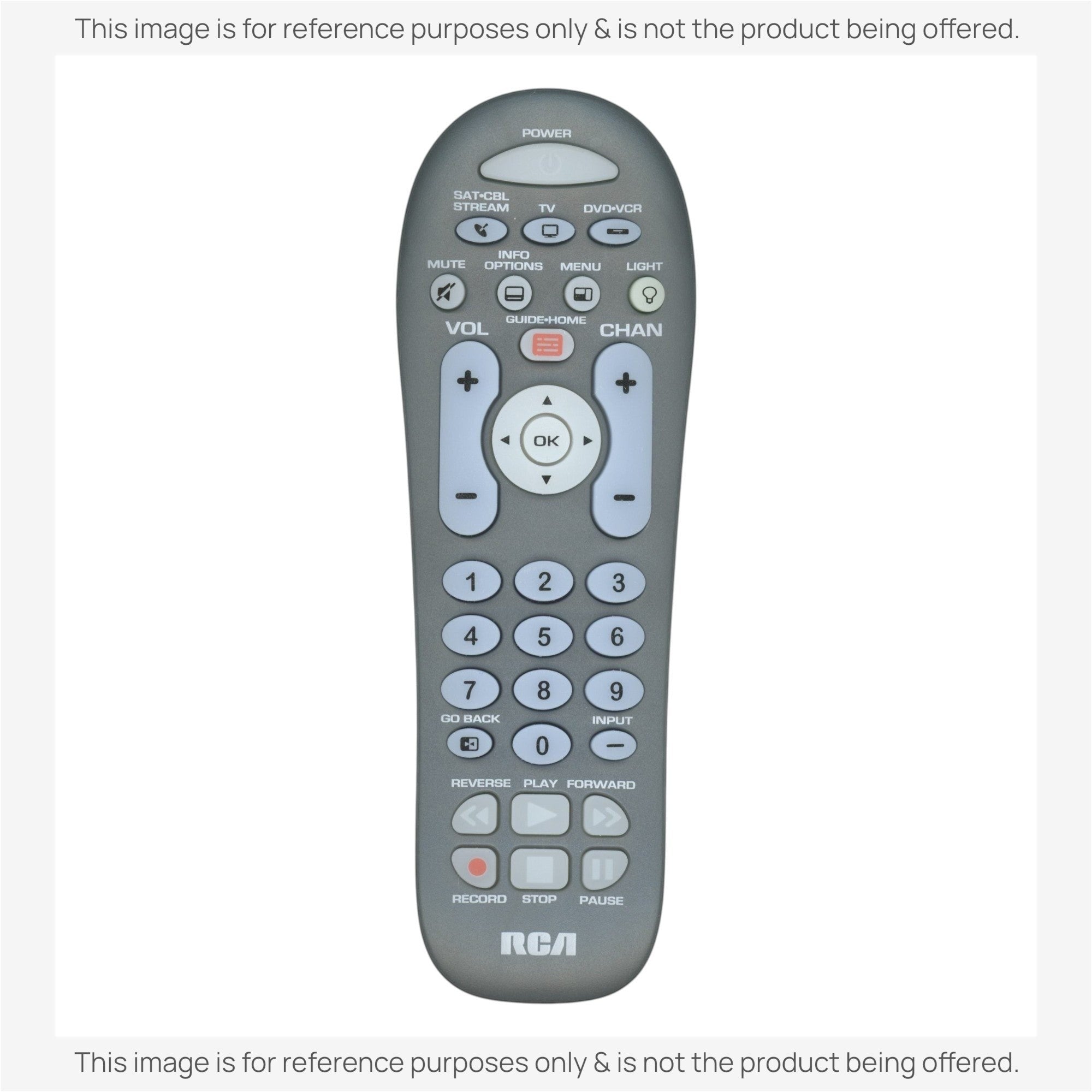 Anderic RRU401 universal remote control for RCA, featuring a grey ergonomic design with backlit keypad buttons.