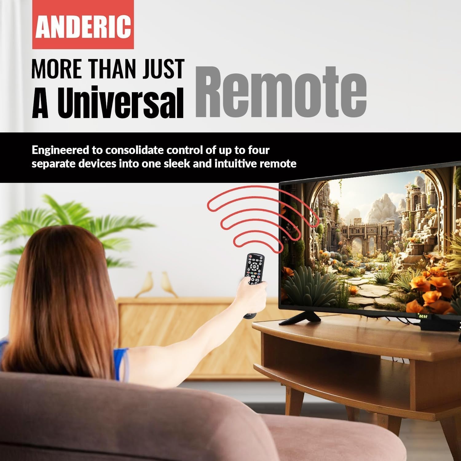 Anderic universal remote control being used by a woman to operate a television in a living room setting.