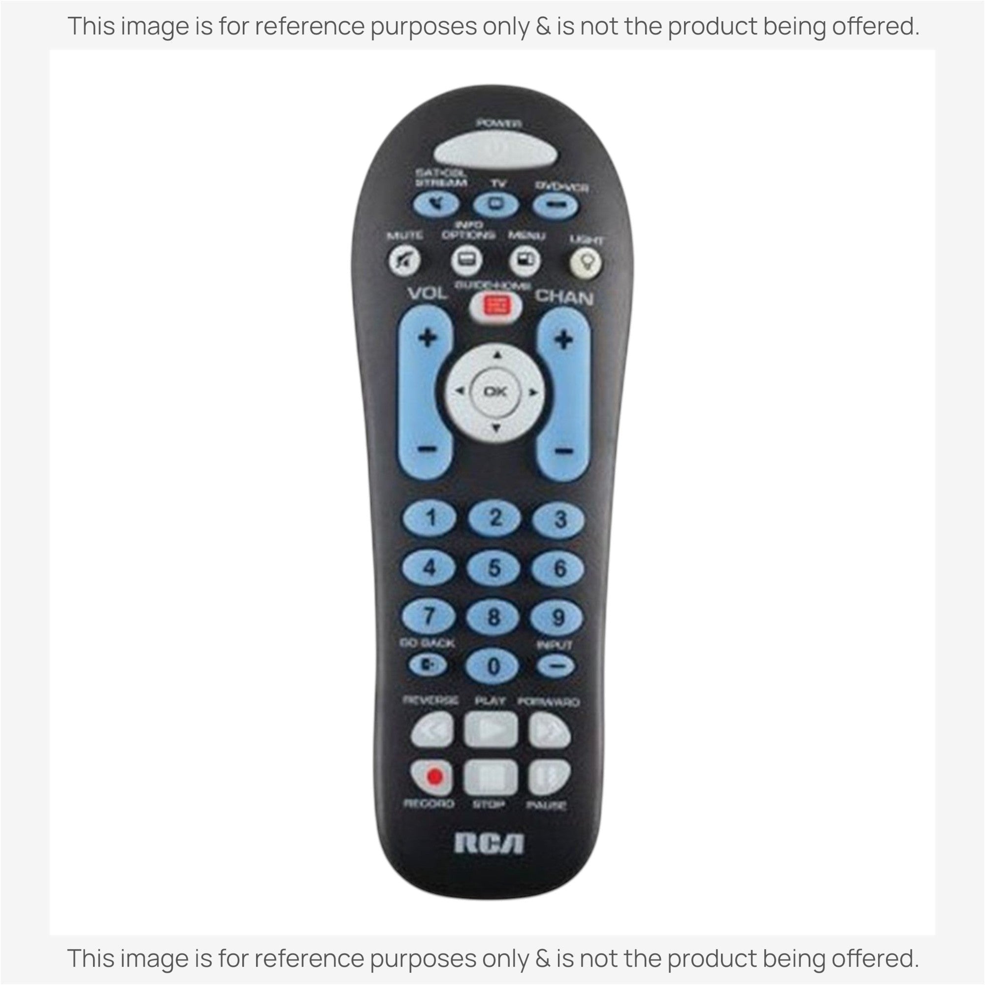 Anderic universal remote control for RCA devices with black casing and blue buttons for easy navigation