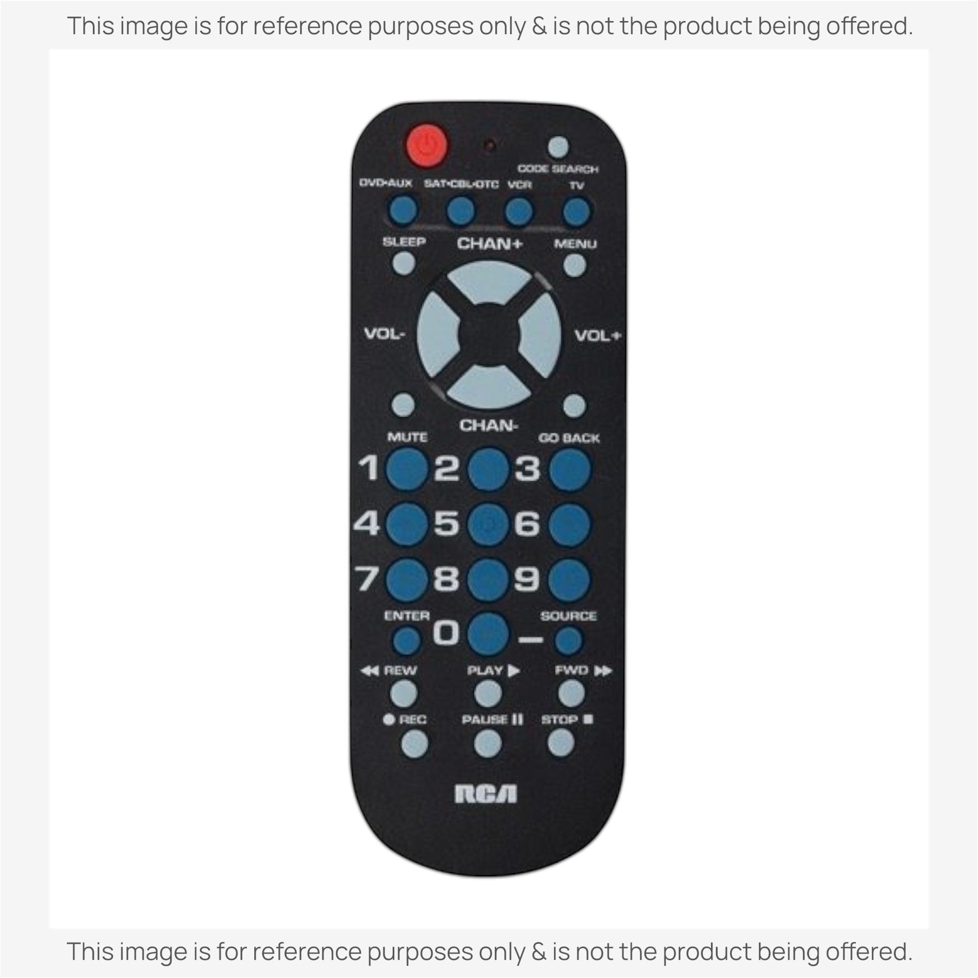 Anderic RRU401 universal remote control with a black body, blue buttons, and a backlit keypad for four devices.