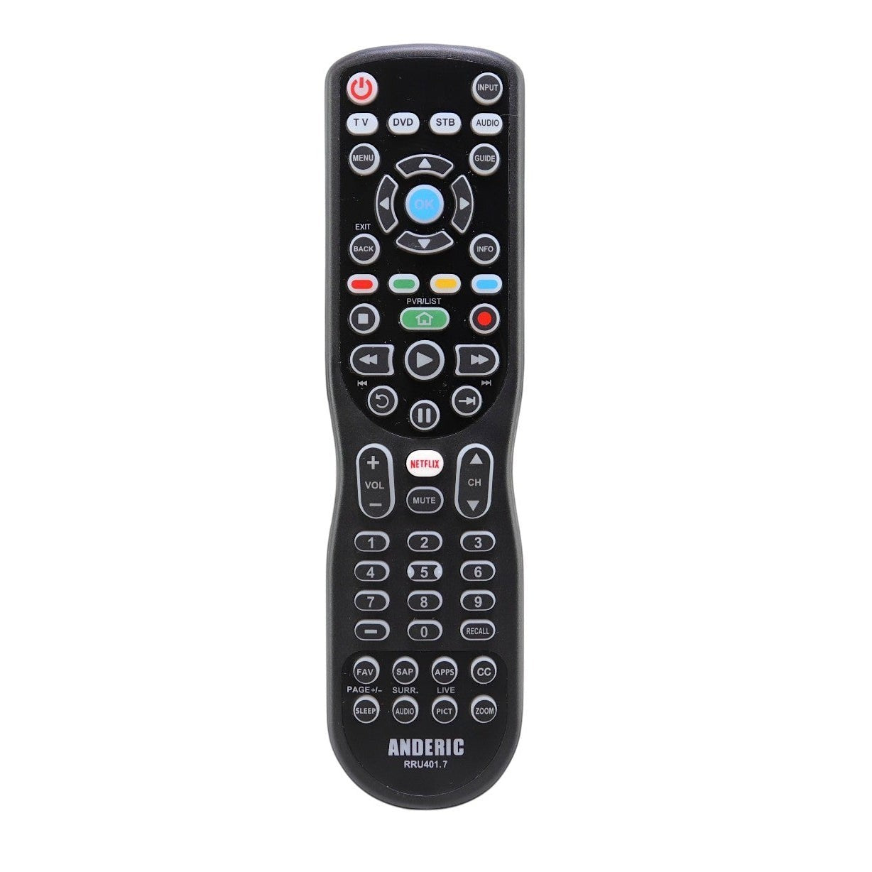 Anderic RRU401.7 black 3-device universal remote control with Netflix button and numbered keypad.