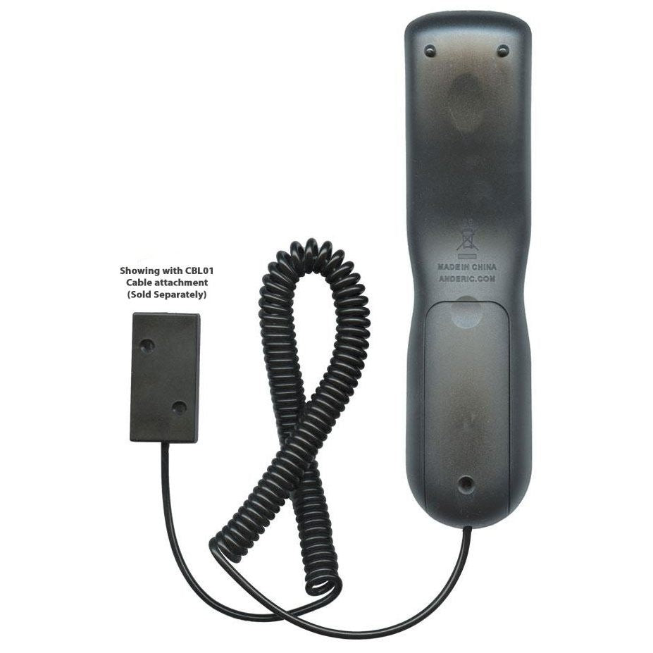 Anderic RRUR01 universal remote control back view with optional CBL01 security cable attached