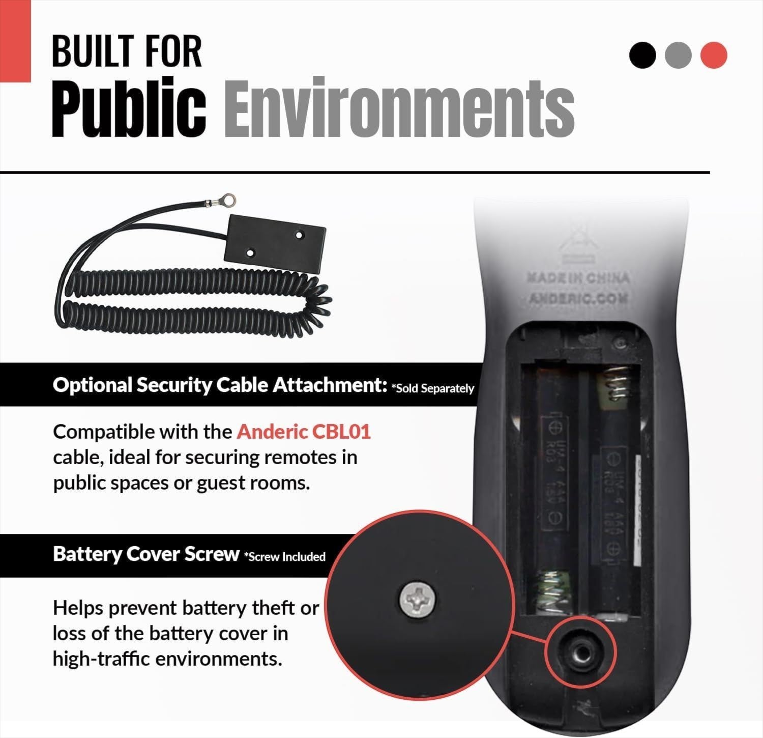 Anderic universal remote control battery compartment with security screw and optional CBL01 cable attachment