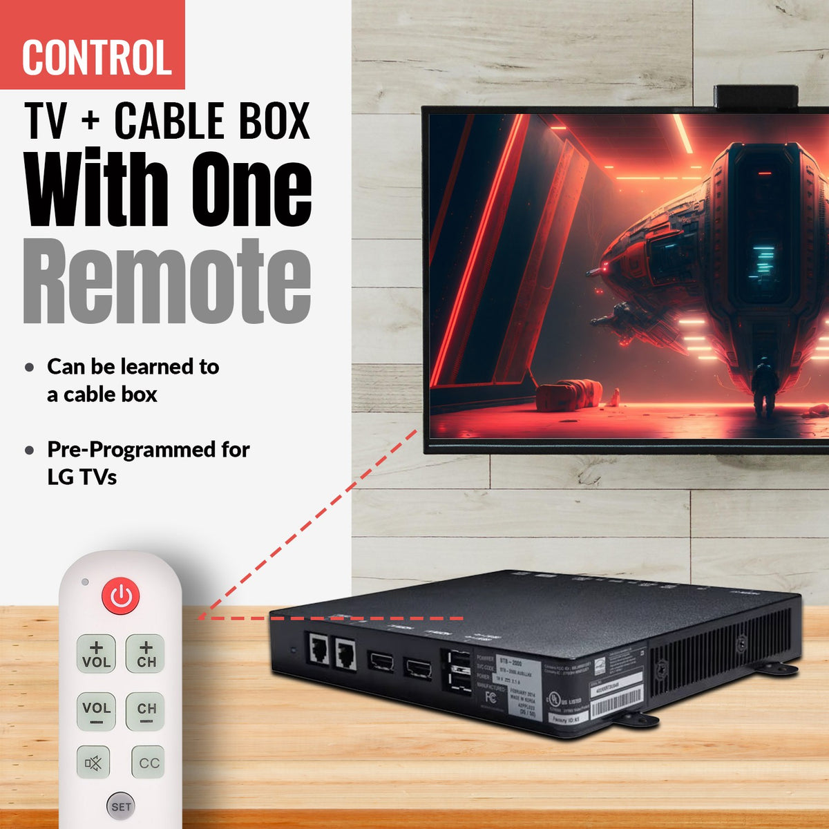 Anderic universal remote with large, glow-in-the-dark buttons for TV and cable box control, shown with a cable box.