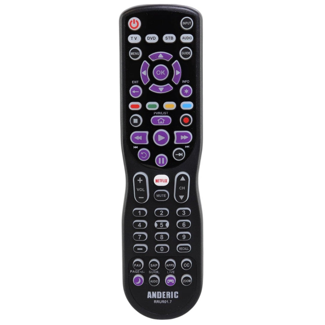 Anderic RRUR01 universal remote control for Roku devices with a black finish and backlit keypad buttons.