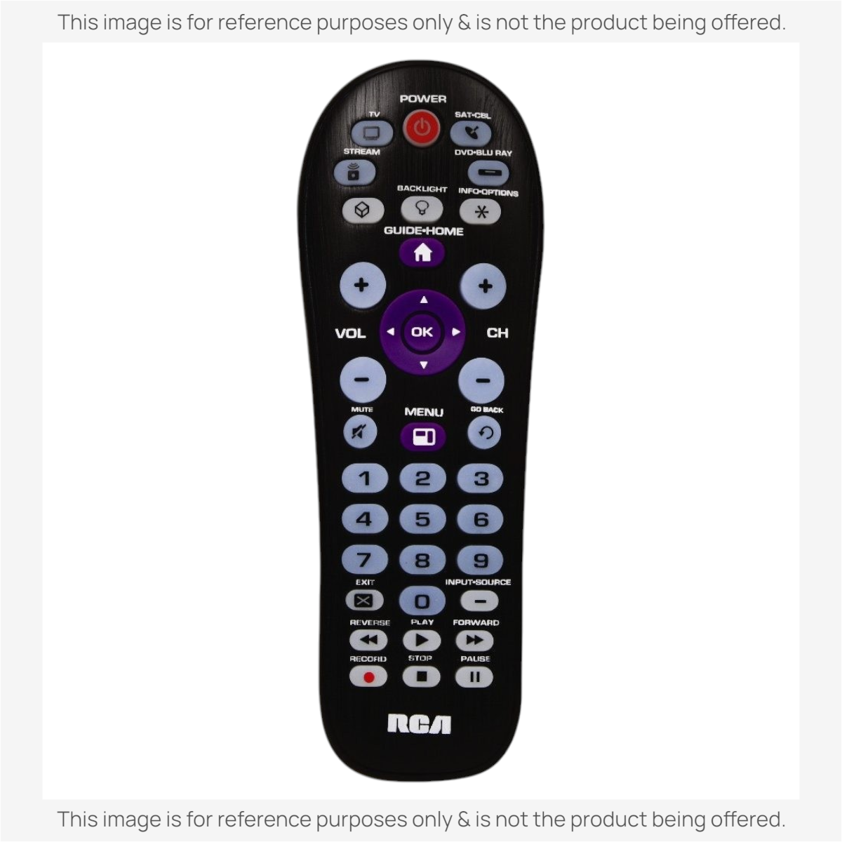 Anderic universal remote control with backlit keypad, purple navigation buttons, and dedicated Roku streaming keys.
