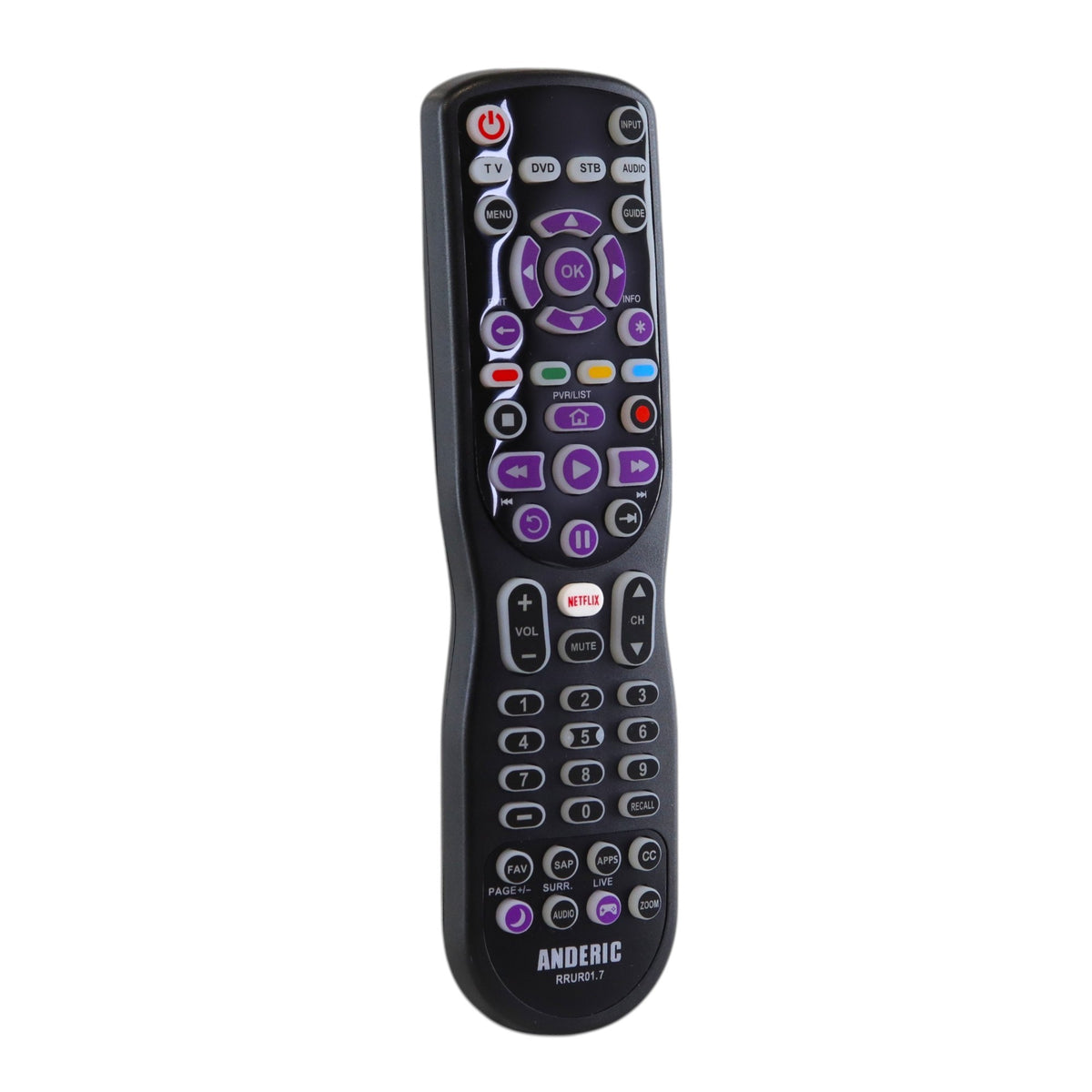 Anderic RRUR01 4-device universal remote control for Roku TVs and streaming players with a black backlit keypad