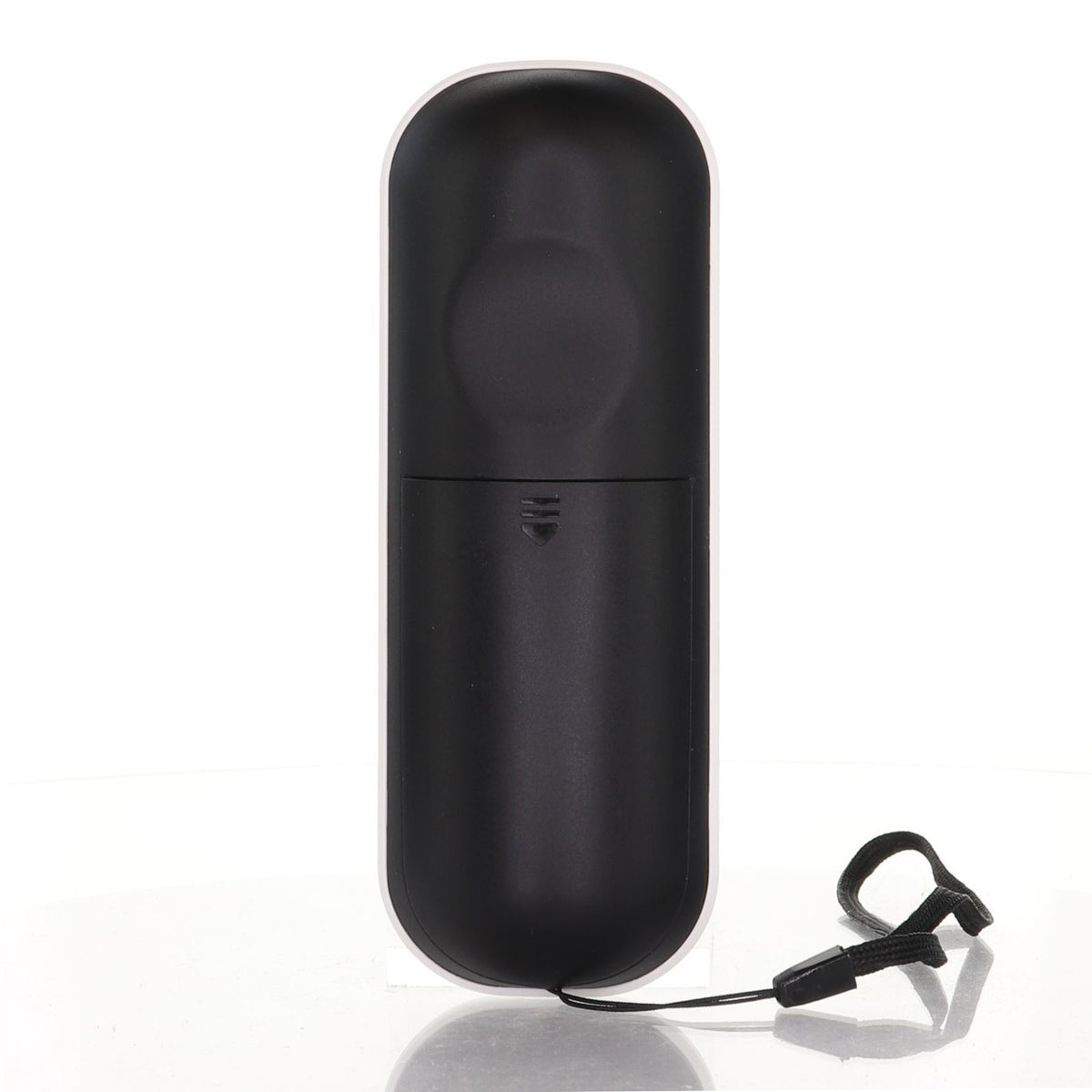 Anderic universal TV remote control back view in black with a wrist strap attached