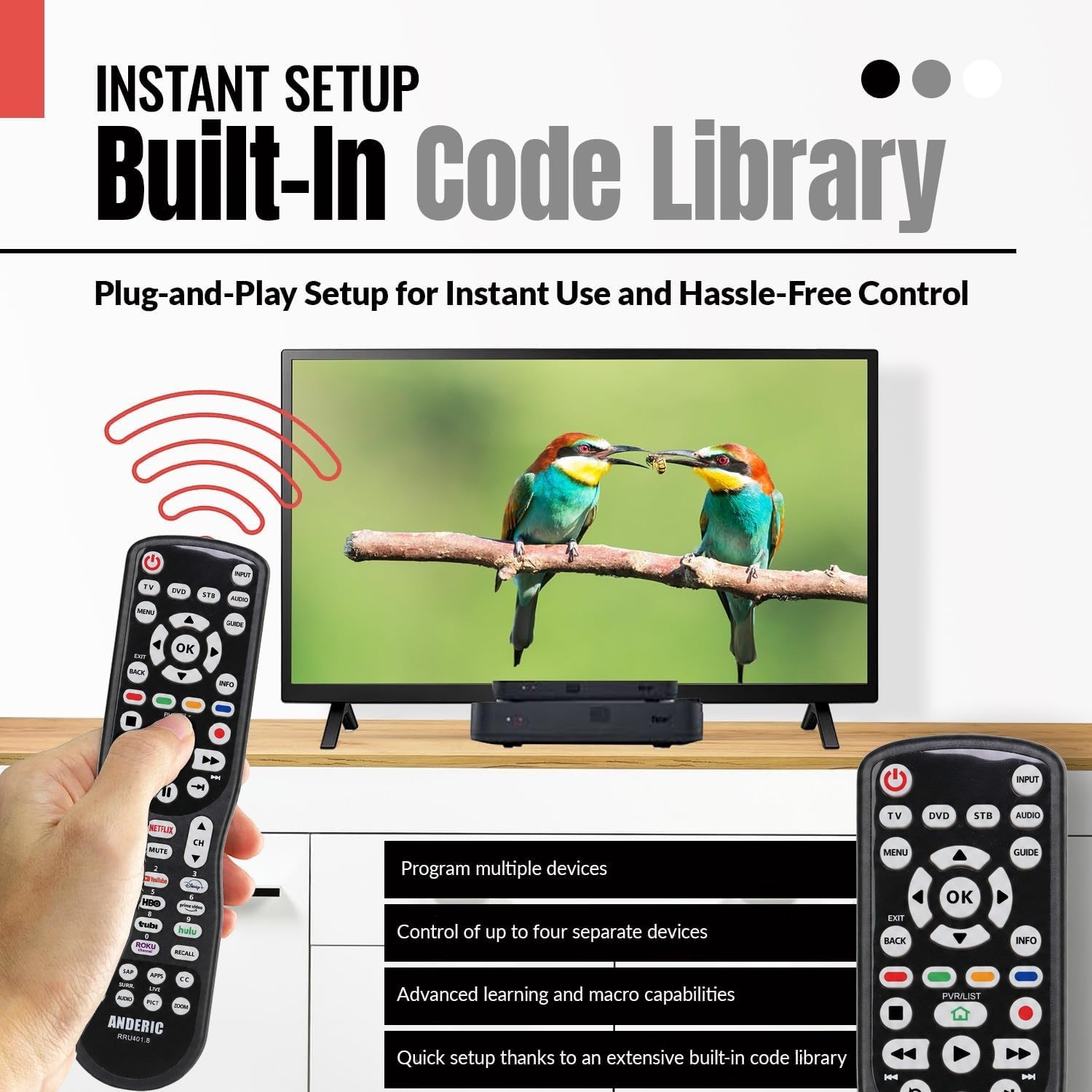 Anderic RRU401 universal remote control with backlit keypad and dedicated streaming buttons for Mitsubishi TVs