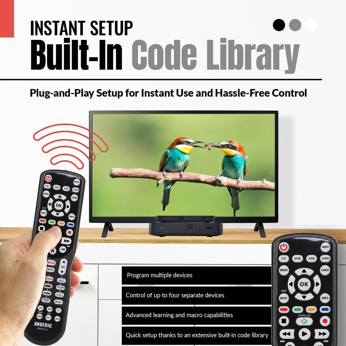 Anderic universal TV remote control with backlit keypad and dedicated streaming buttons for Netflix and apps.