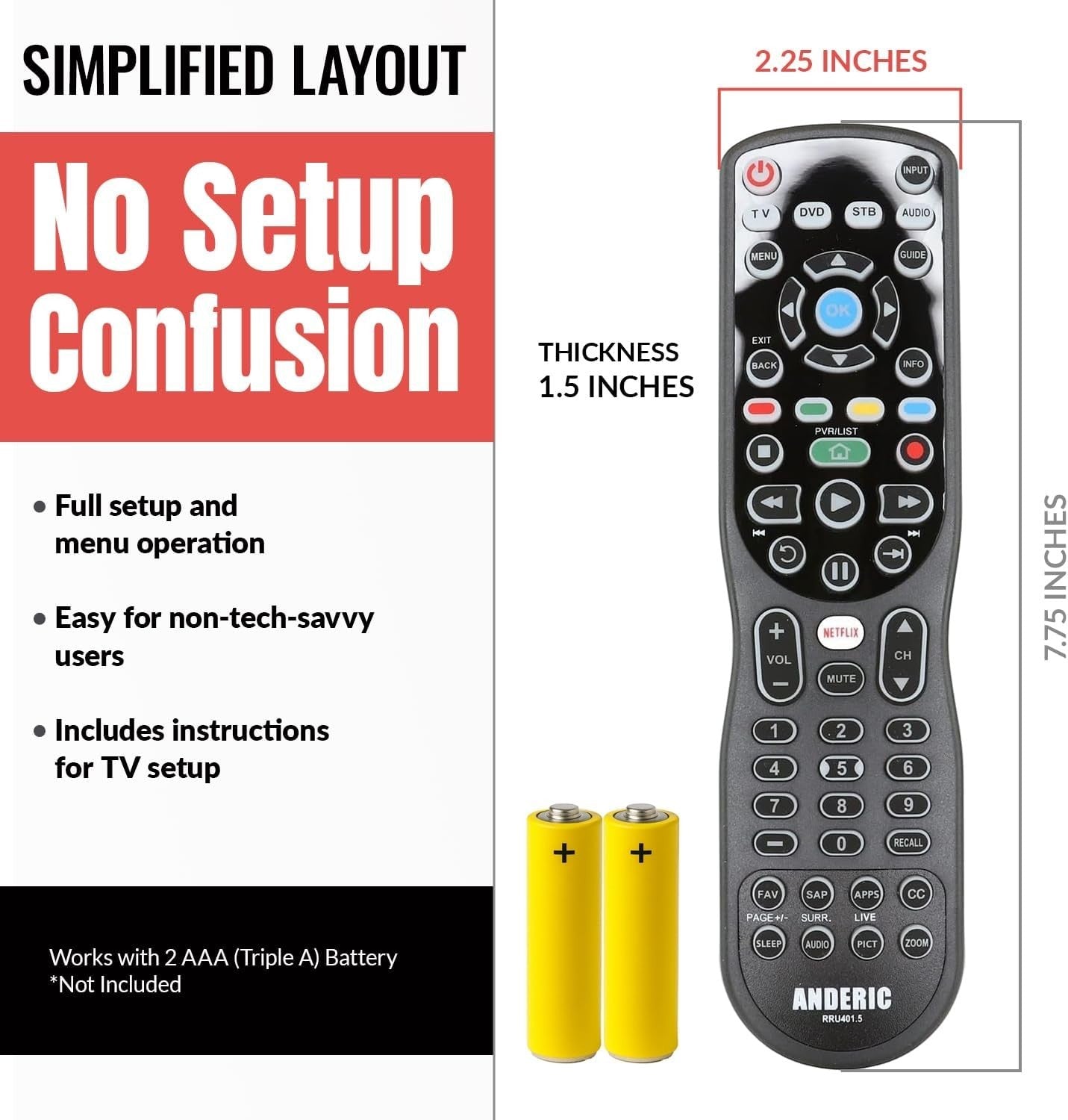 Anderic universal TV remote control with backlit keypad, dedicated streaming buttons, and AAA battery reference.