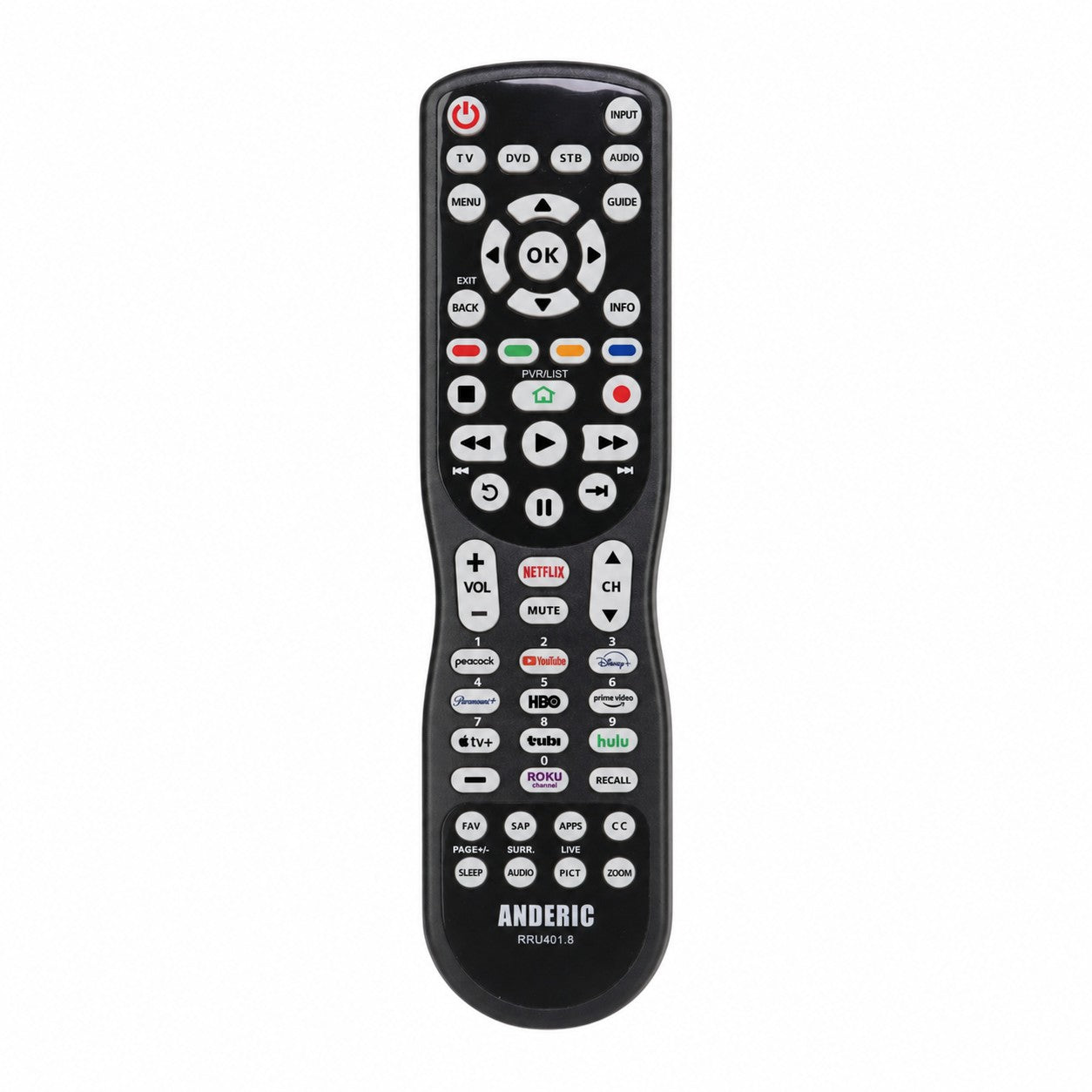Anderic universal TV remote control with backlit keypad, dedicated streaming buttons, and multi-device support.