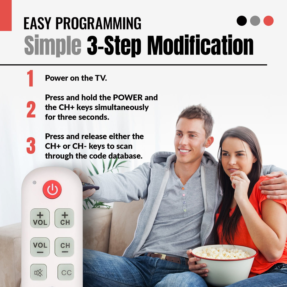 Anderic universal TV remote with large, glow-in-the-dark buttons held by a couple watching television on a sofa.