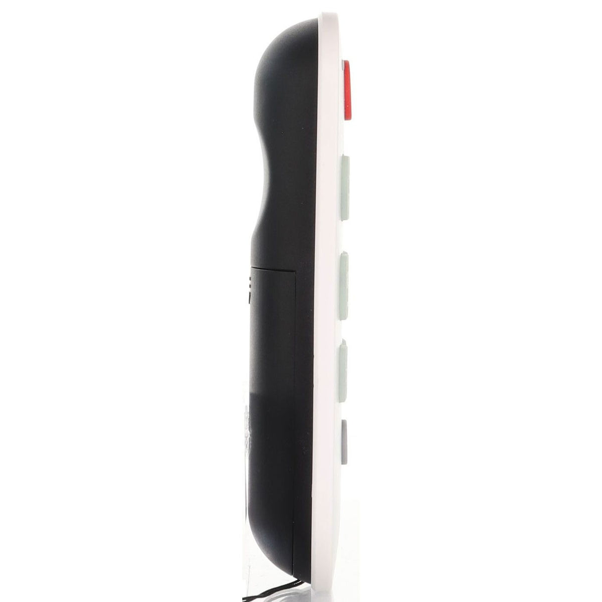 Anderic universal TV remote with a black curved back and white front, shown from a side profile view.