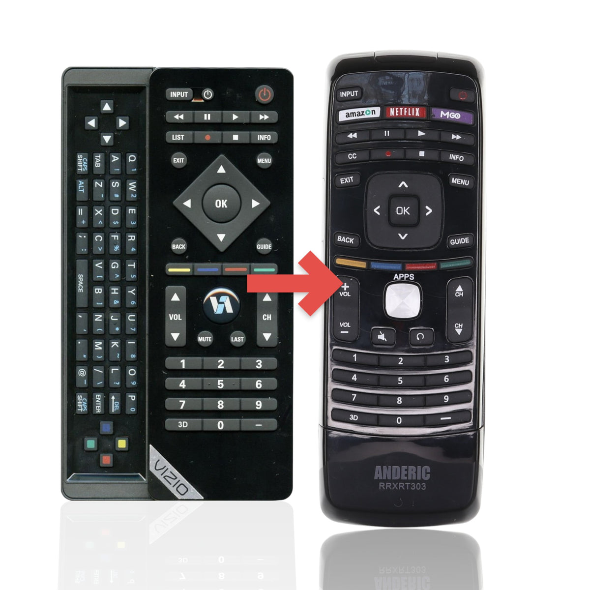 Anderic replacement remote control for Vizio 3D TVs featuring a full QWERTY keyboard and dedicated streaming buttons.