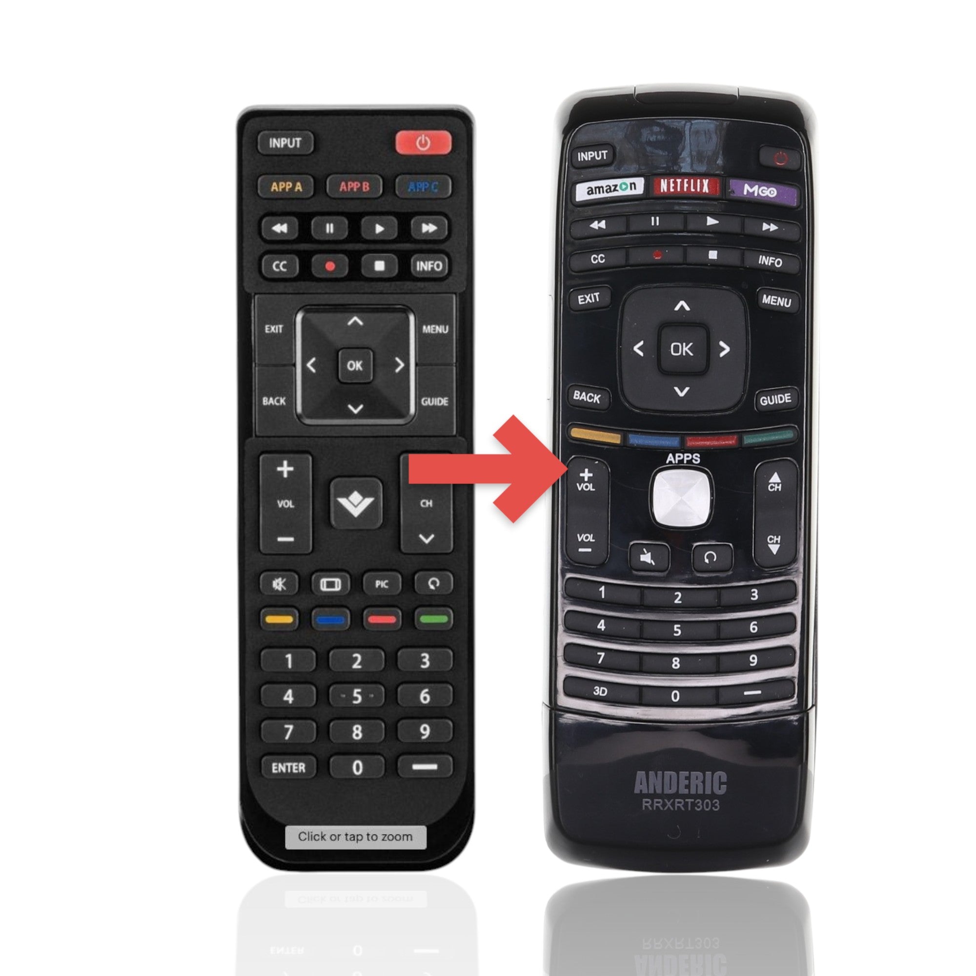 Anderic RRXRT303 black replacement remote control for Vizio TVs with dedicated app buttons and number pad