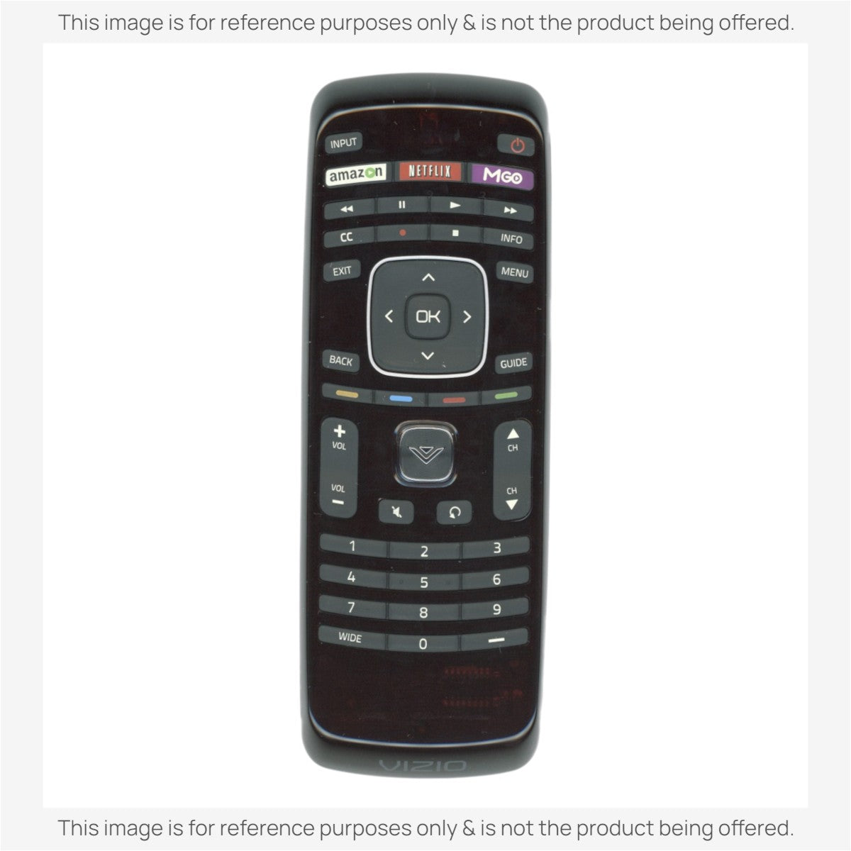 Anderic replacement remote control for Vizio TVs featuring dedicated Amazon, Netflix, and Mgo streaming buttons.