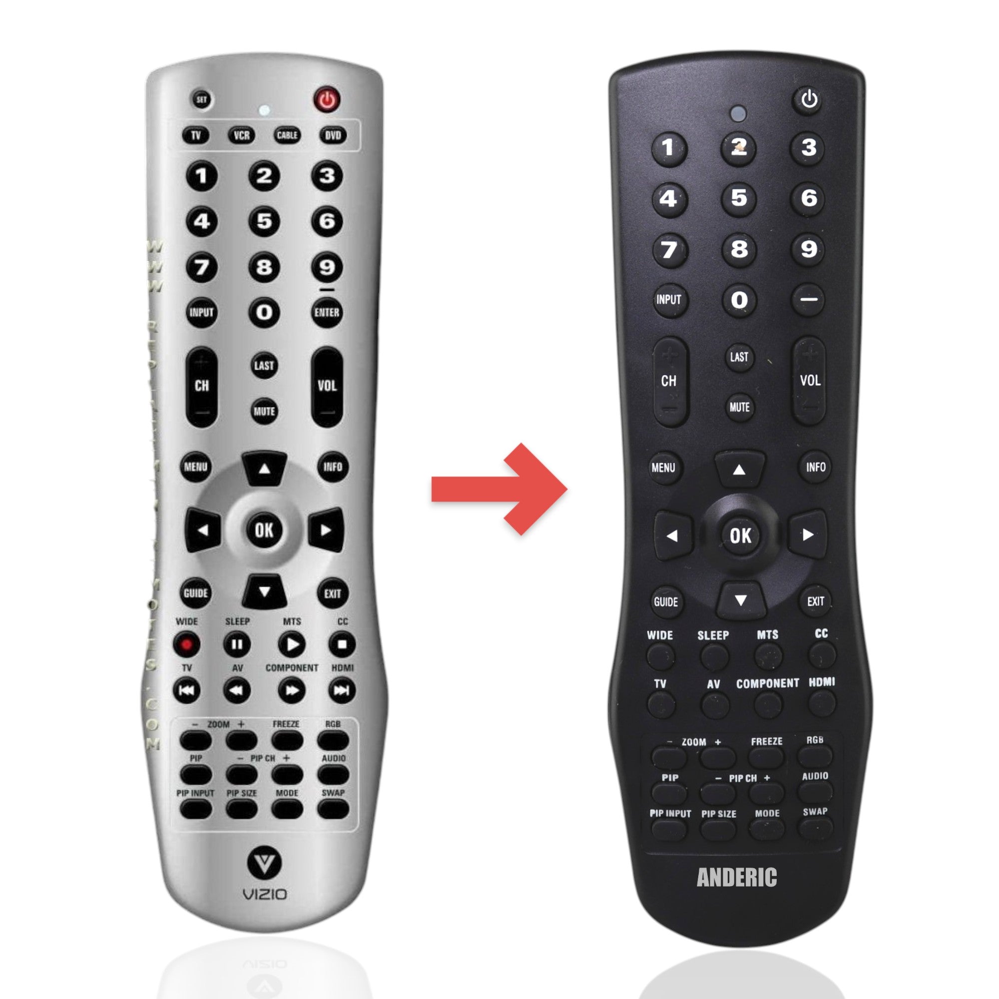 Anderic VR1 replacement remote control for Vizio TVs, featuring a black button layout on a silver body.
