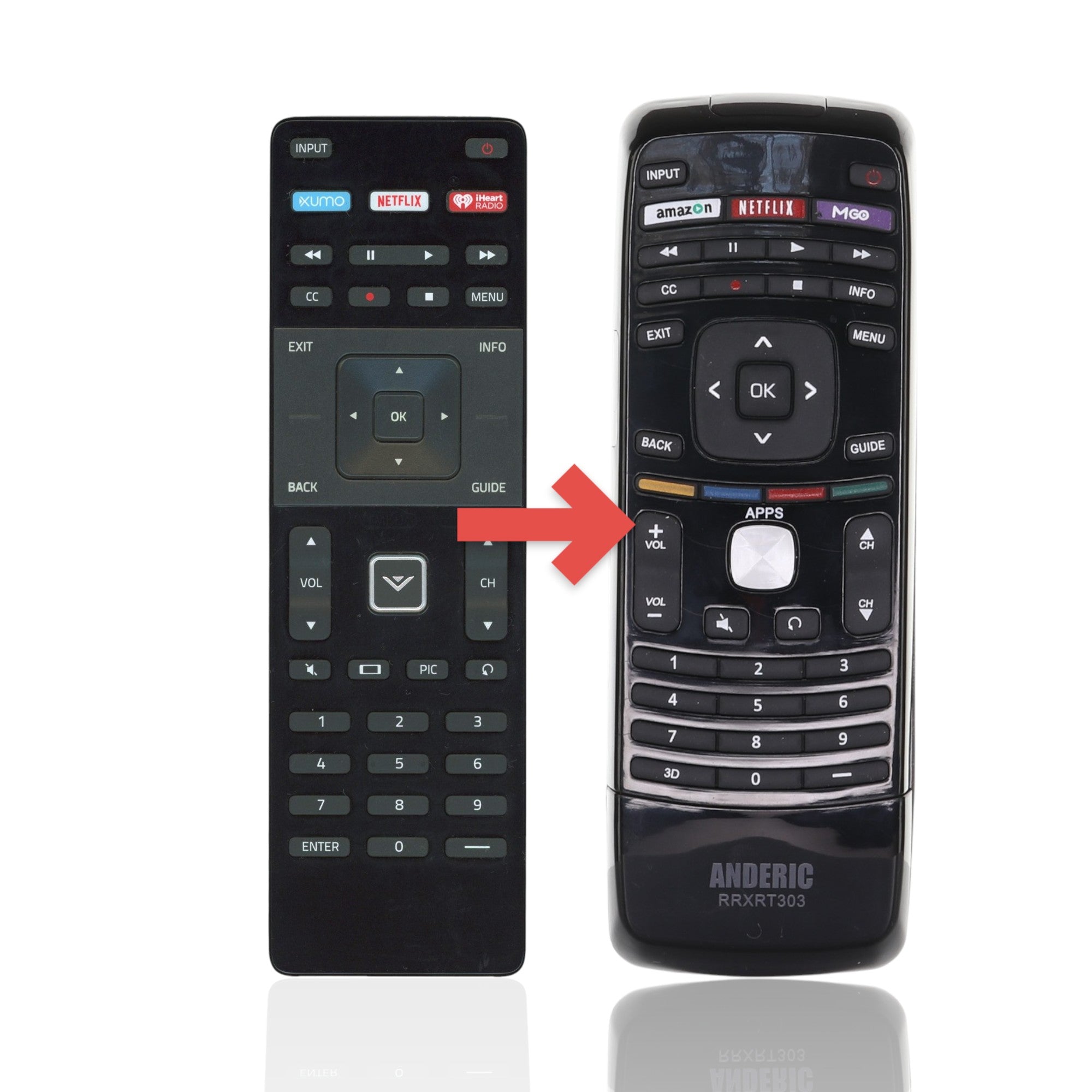 Anderic RRXRT303 black replacement remote for Vizio smart TVs featuring Netflix, Xumo, and iHeartRadio shortcut buttons