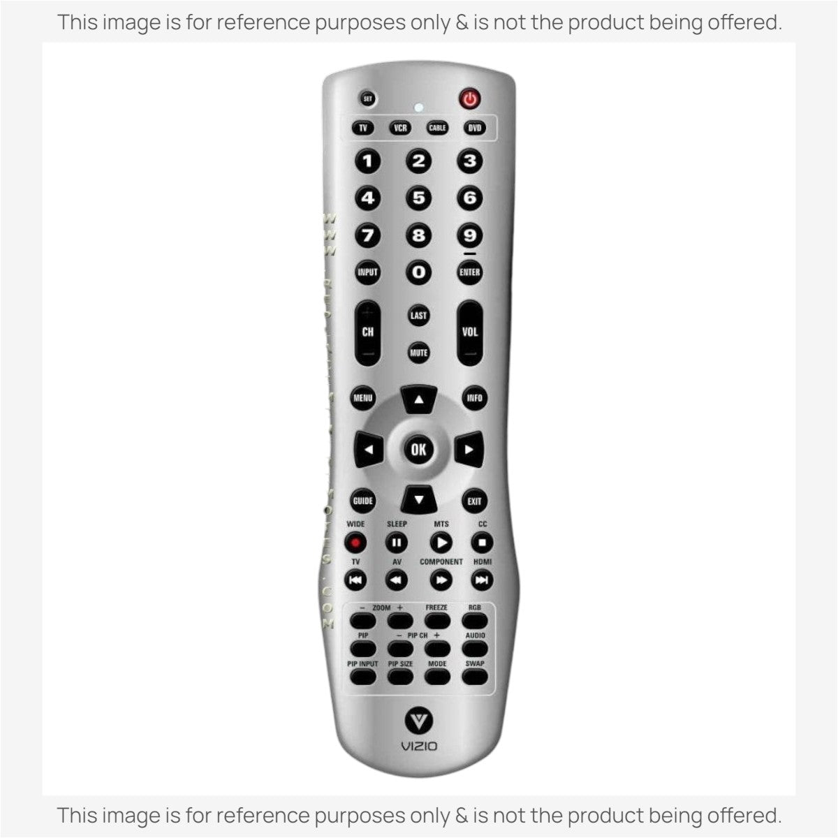 Anderic VR1 substitute remote control for Vizio TVs featuring a black button layout on a silver body.