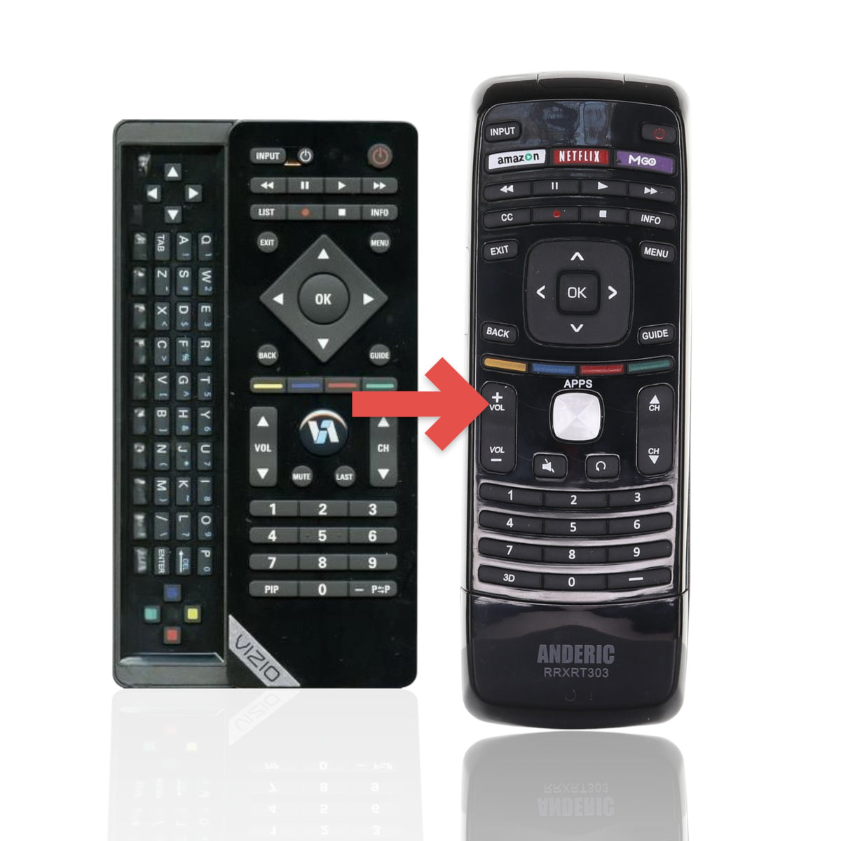 Anderic substitute remote for Vizio VUR10 featuring a QWERTY keyboard, Bluetooth connectivity, and streaming buttons.