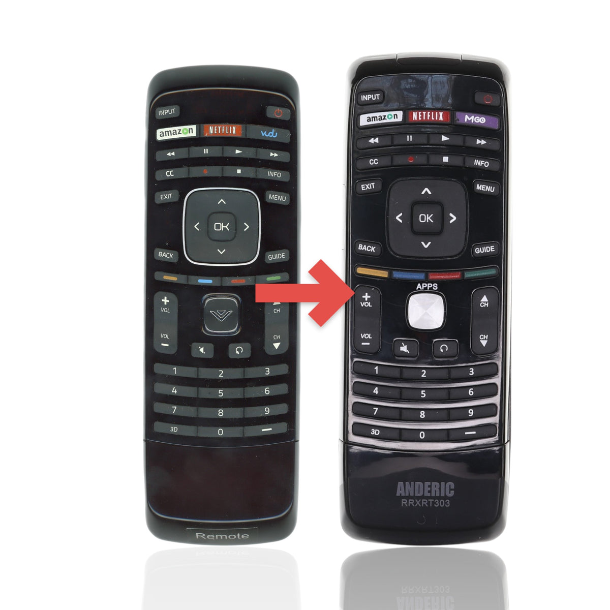Anderic black replacement remote control for Vizio XRT301 TVs featuring dedicated Netflix and Amazon buttons