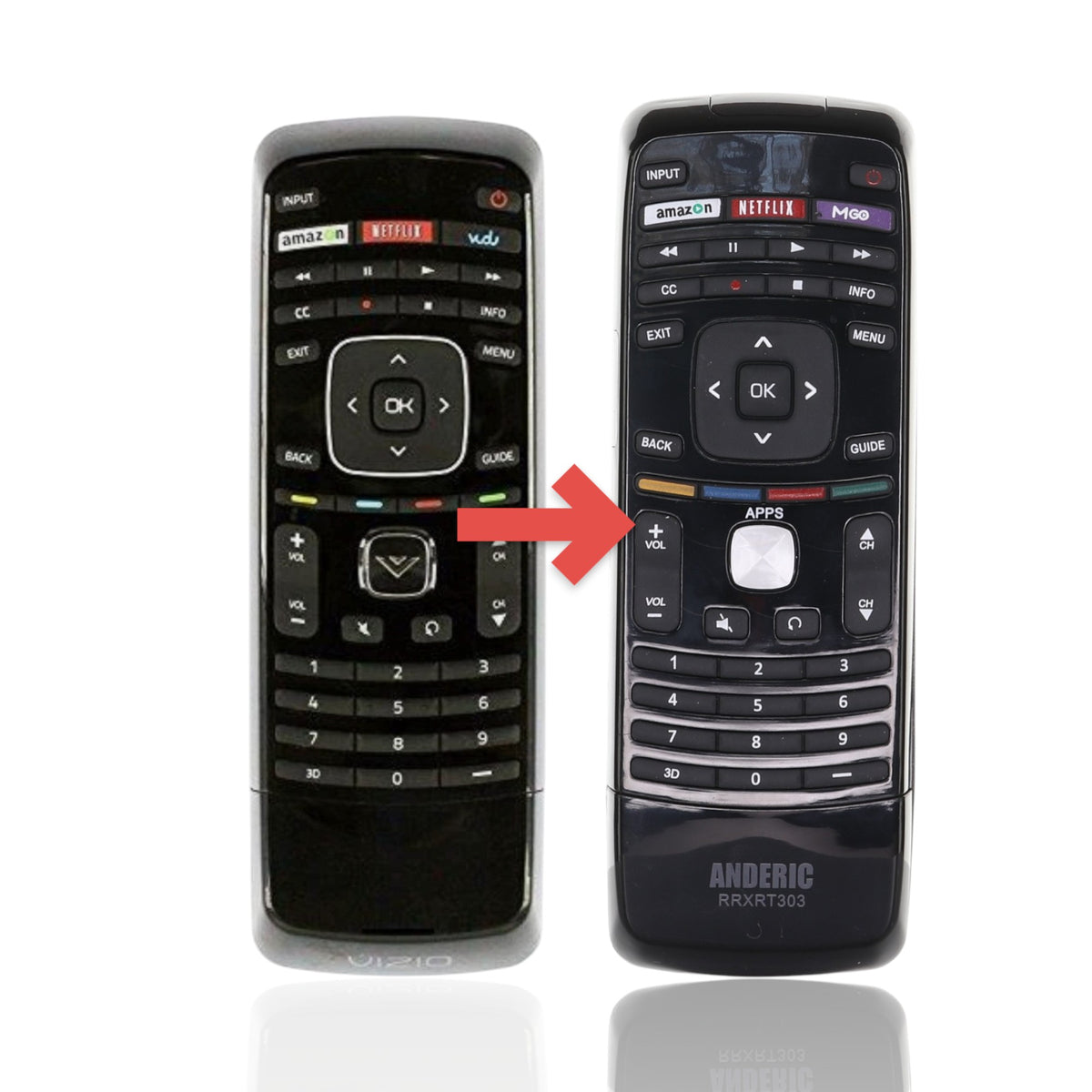 Anderic black replacement remote for Vizio XRV1TV3D featuring a QWERTY keyboard and dedicated streaming app buttons.