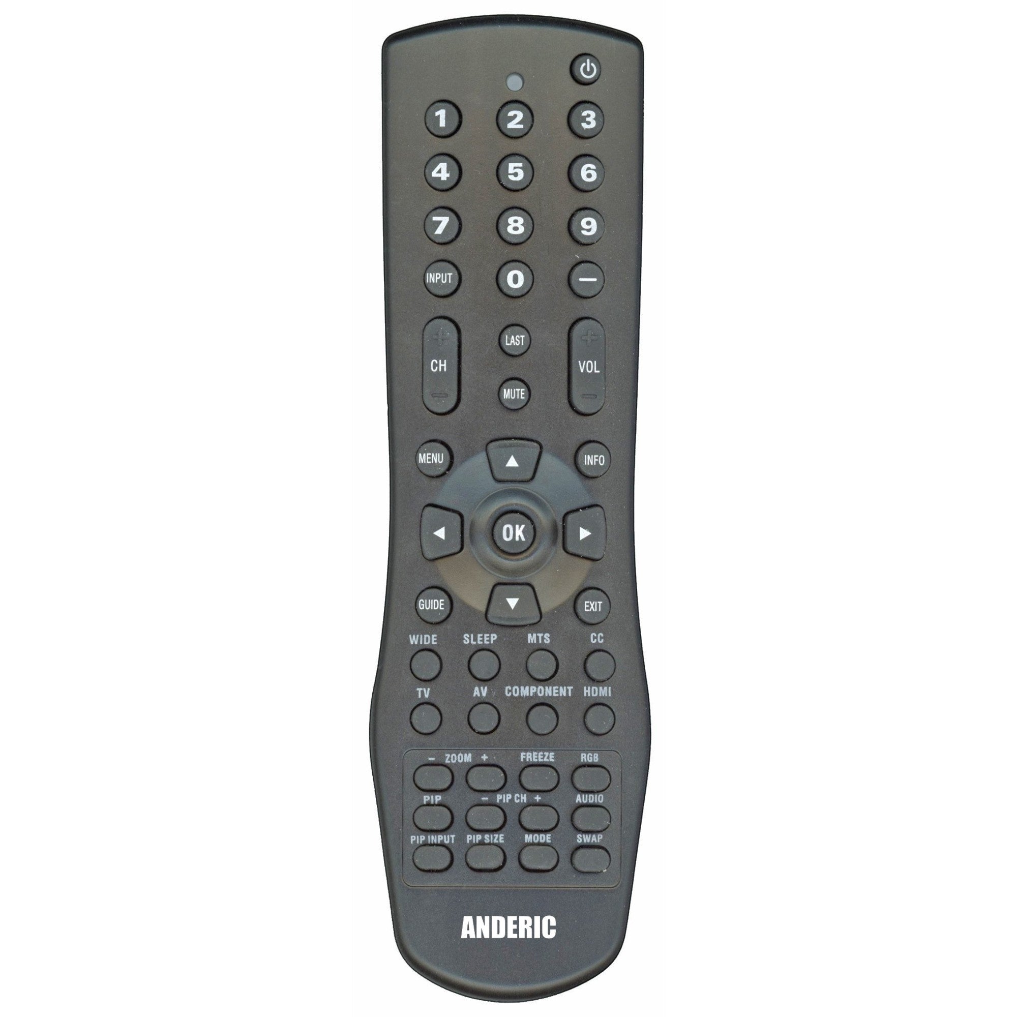 Anderic VR1 black remote control for Vizio TVs featuring a full numeric keypad and dedicated menu navigation buttons.