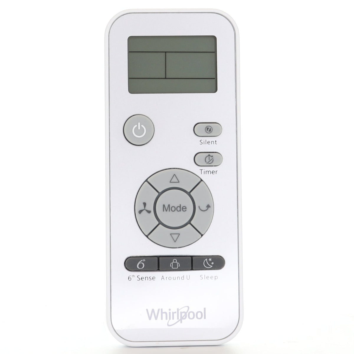 Anderic replacement remote for Whirlpool air conditioners featuring a white casing, backlit LCD, and grey buttons.