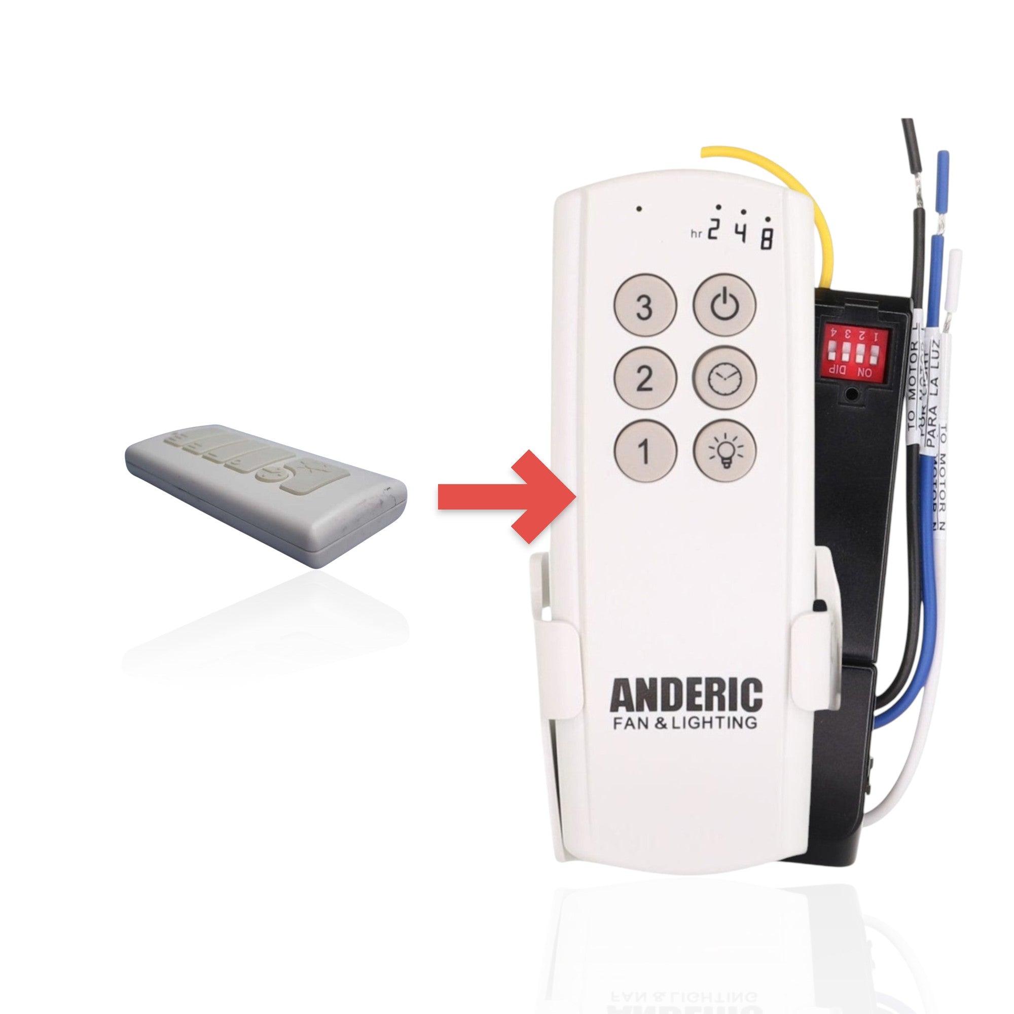 Anderic TR121A white ceiling fan remote control with speed and light dimming buttons on a plain background.