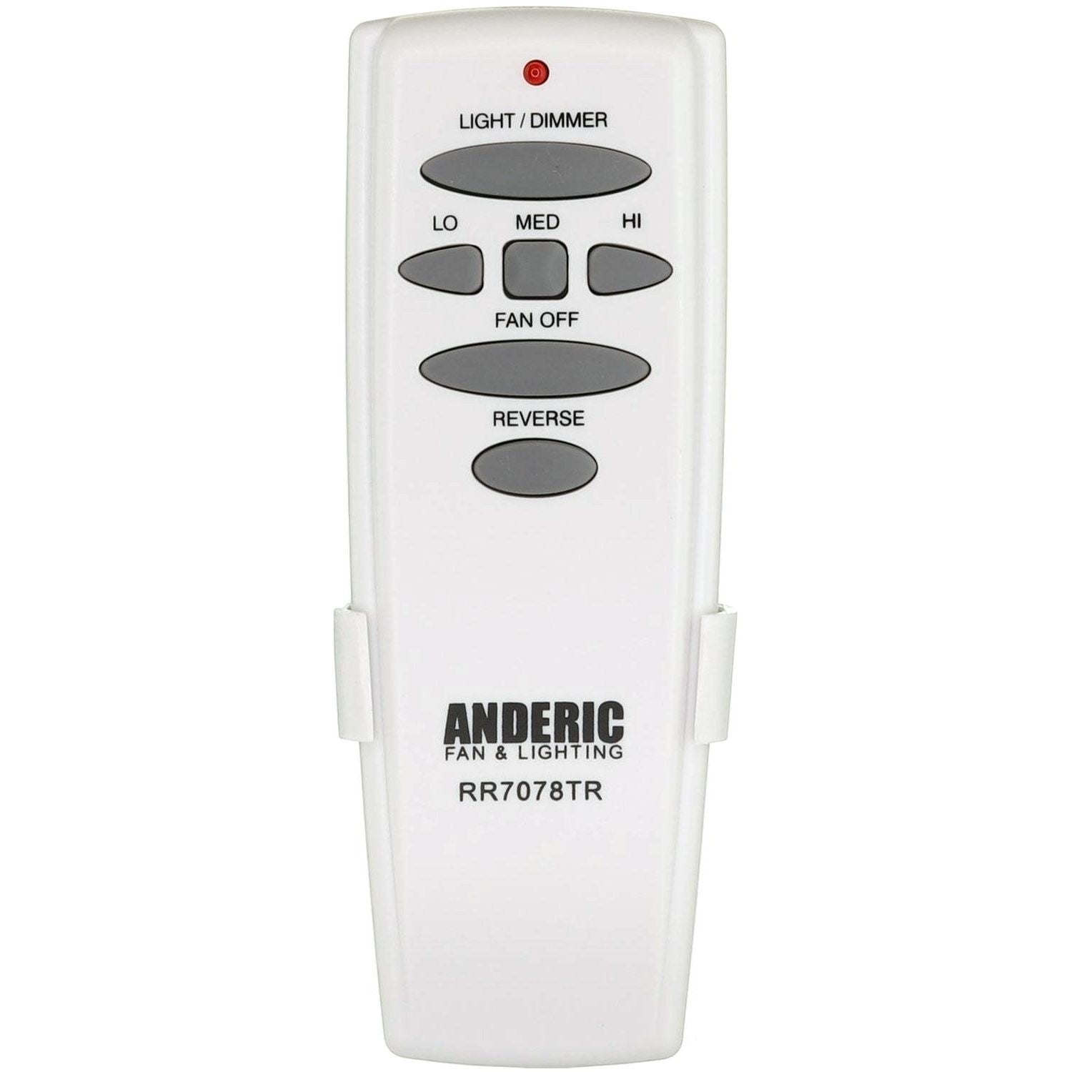 Anderic white ceiling fan remote control with grey buttons for light, speed, and reverse settings.