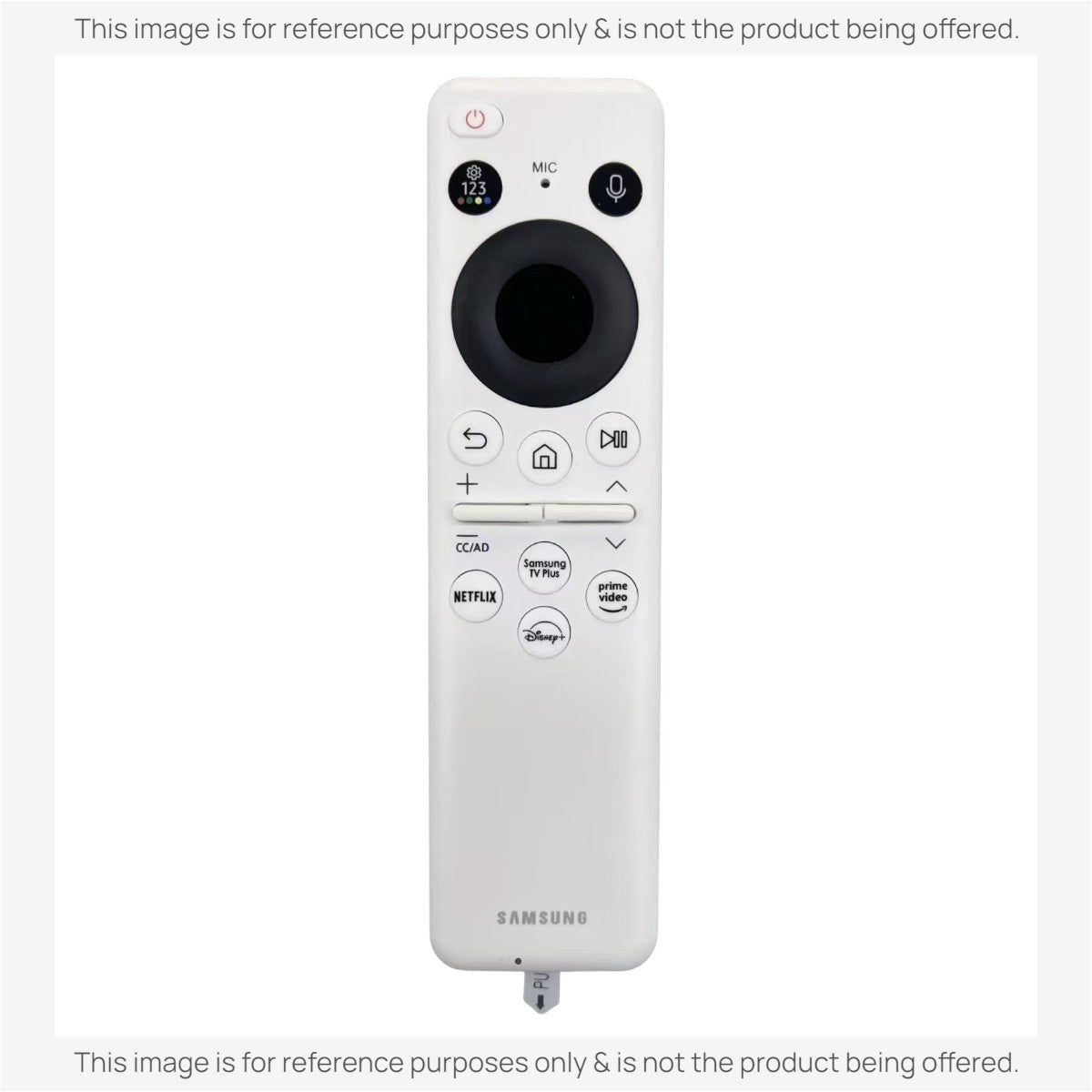 Anderic white solar-powered smart TV remote for Samsung 2023 models with dedicated streaming app buttons.