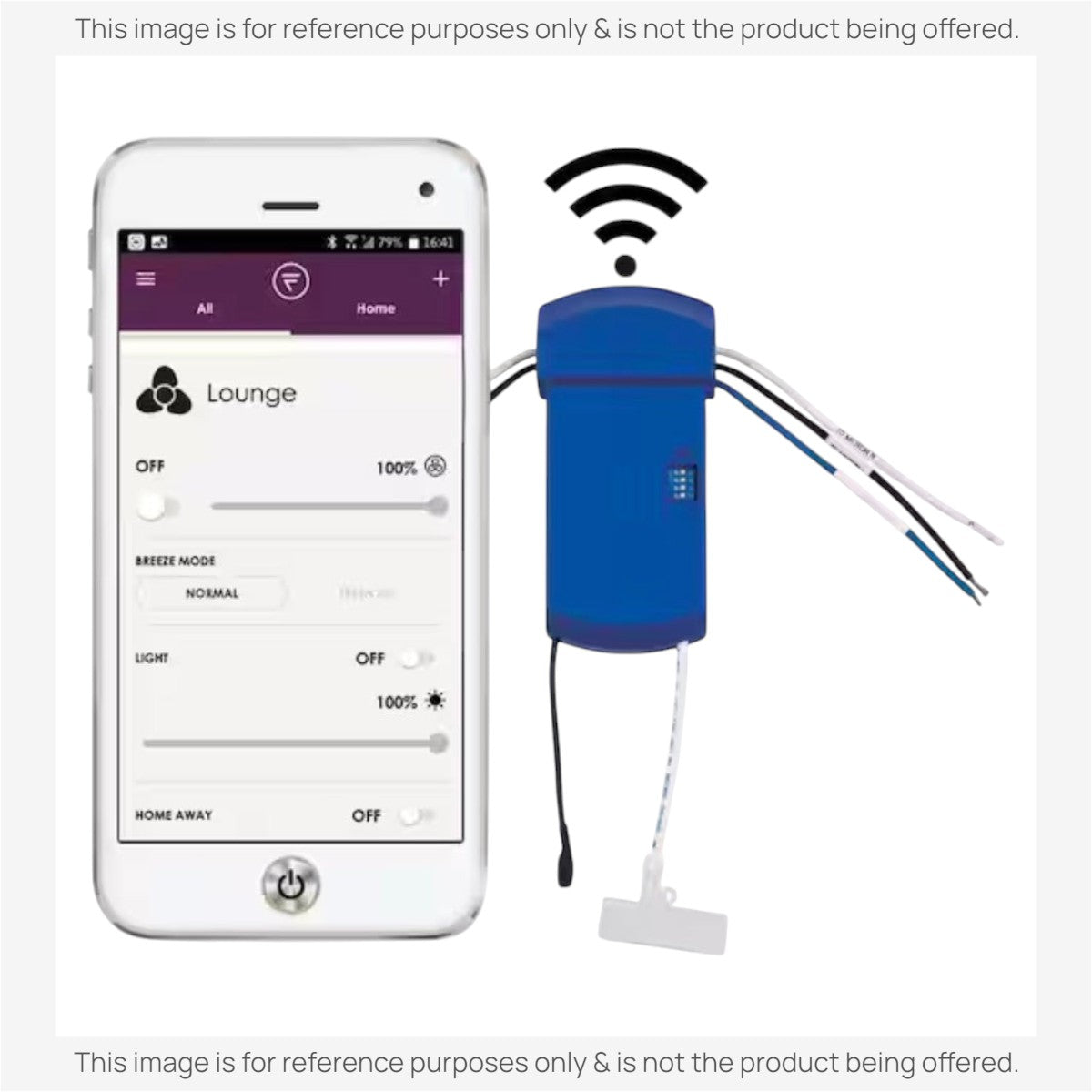 Anderic WiFi receiver for AC ceiling fans shown with a smartphone app interface for smart home control