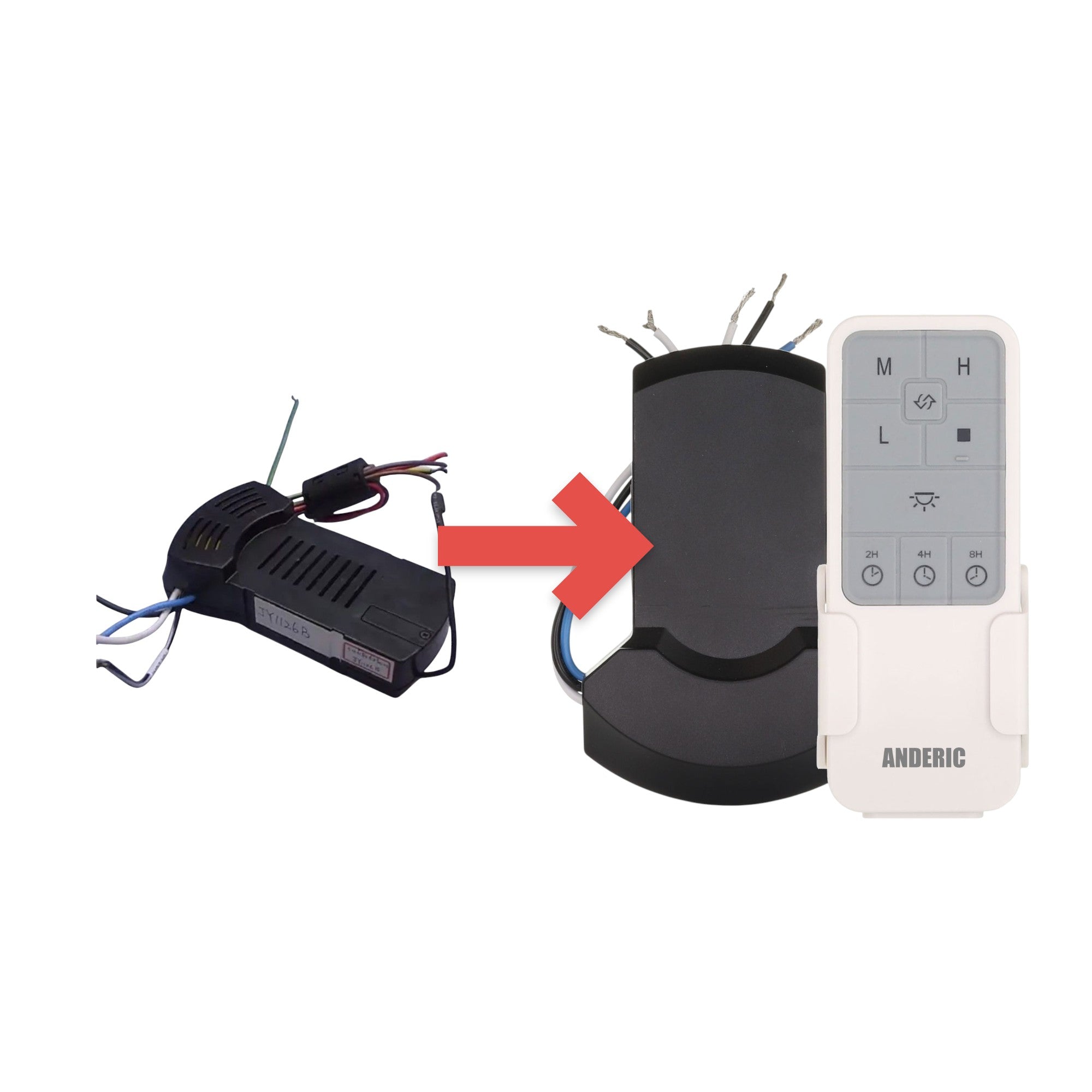 Anderic UC7235T4 2.4GHz WiFi ceiling fan receiver, a black plastic replacement unit for Fanimation KUJCE10717 fans.