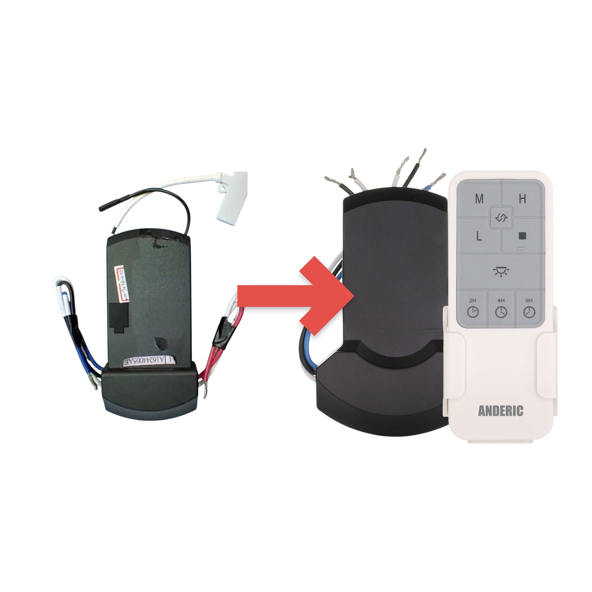 Anderic UC7235T4 WiFi ceiling fan receiver for Fanimation FanSync with black casing and multi-colored wiring.