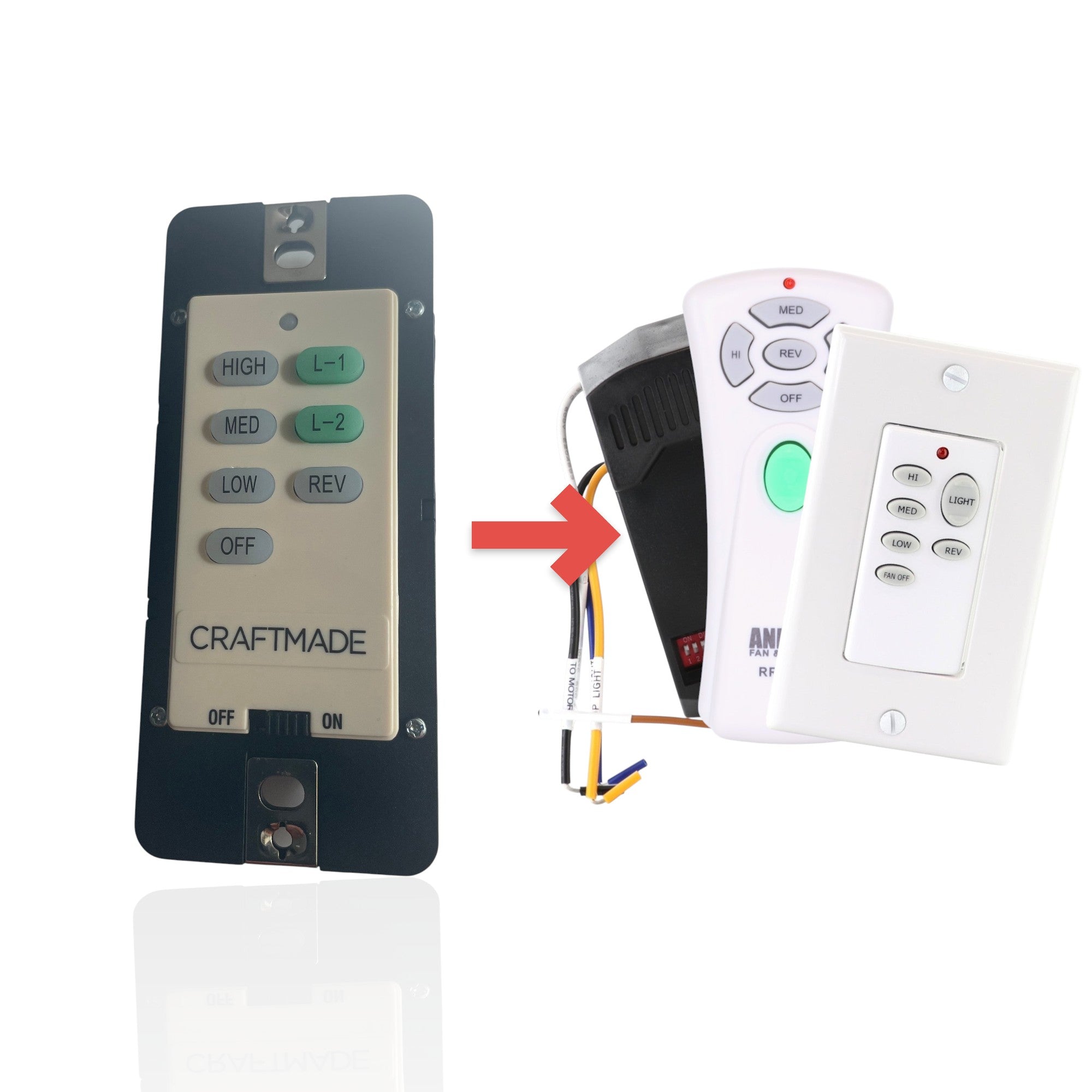 Anderic wired ceiling fan wall control for Craftmade fans with speed and light buttons in white and black finish