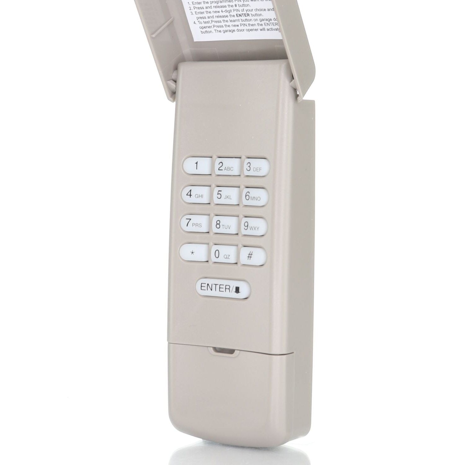 Anderic wireless garage door keypad with a beige plastic cover open to reveal the backlit number pad.