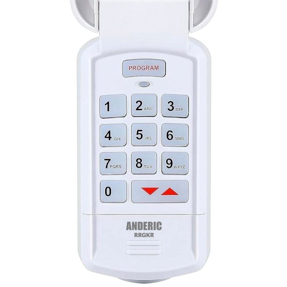 Anderic GK-R wireless garage door keypad with white plastic housing, backlit numeric buttons, and flip-up cover.