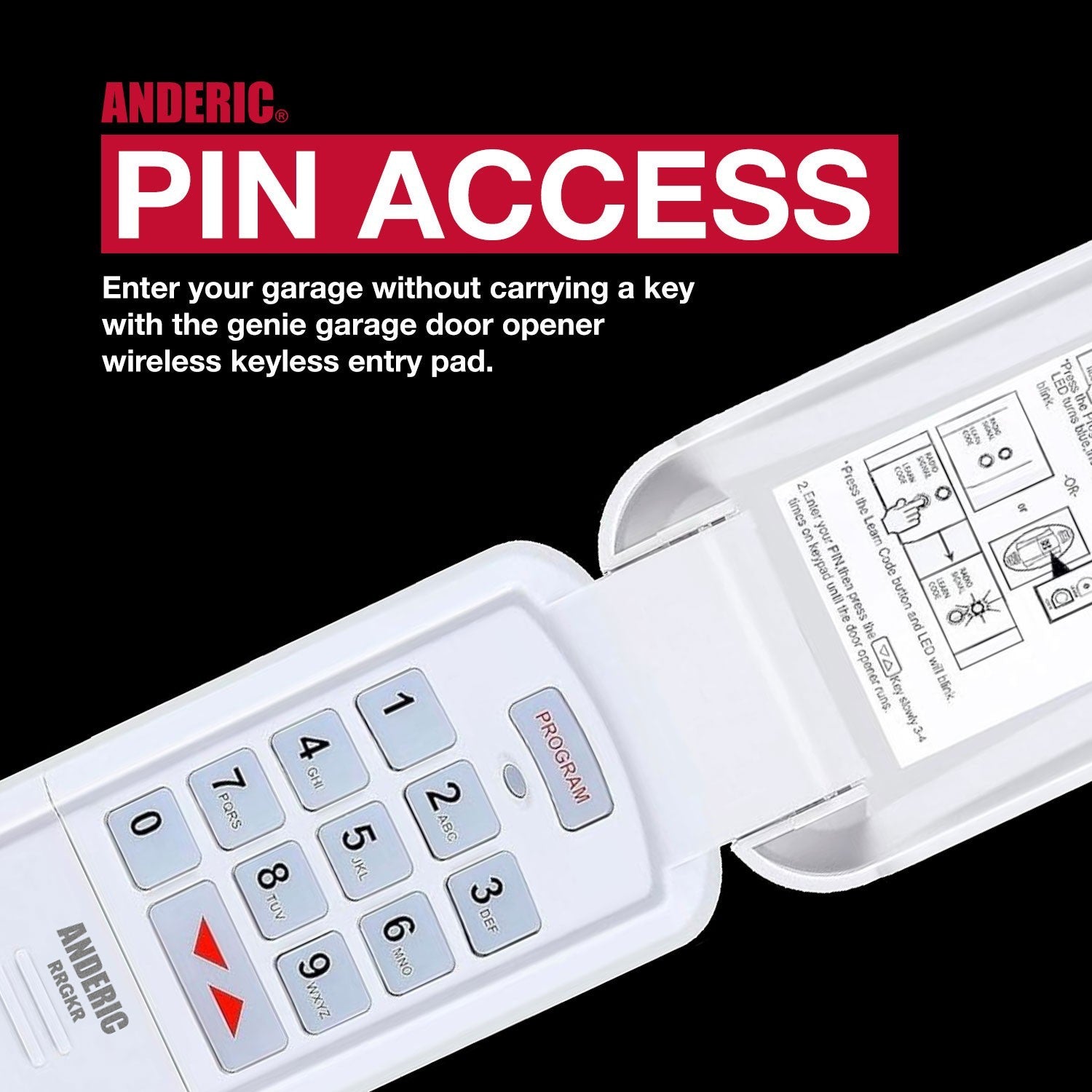 Anderic wireless garage door keypad with white flip cover, backlit buttons, and programming instructions.