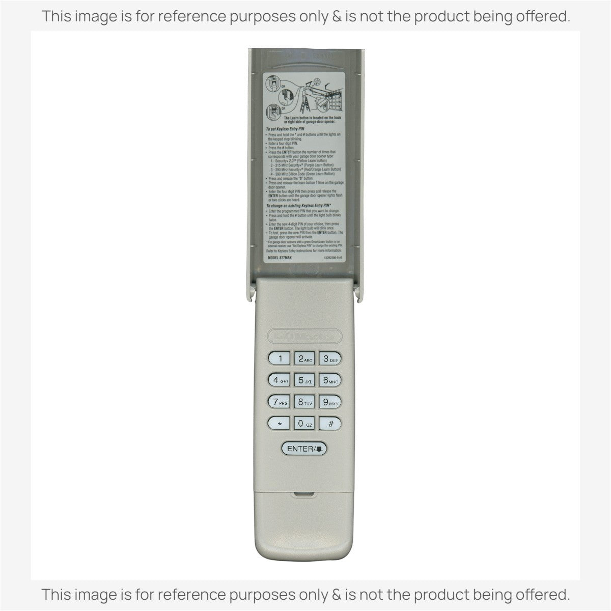 Anderic wireless garage door keypad with a grey flip-cover, numeric buttons, and printed programming instructions.
