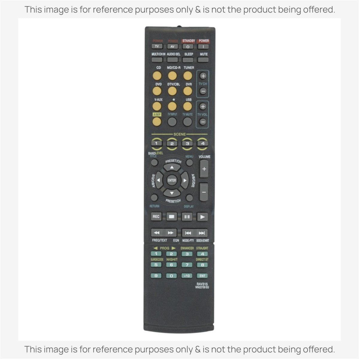 Anderic RRAV315 replacement remote control for Yamaha A/V receivers with black casing and multi-colored buttons.