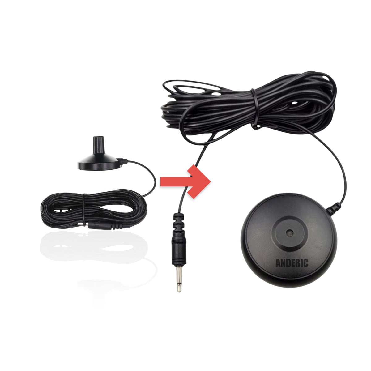 Anderic black condenser calibration microphone for Yamaha EMX251 audio system setup with a long coiled cable.