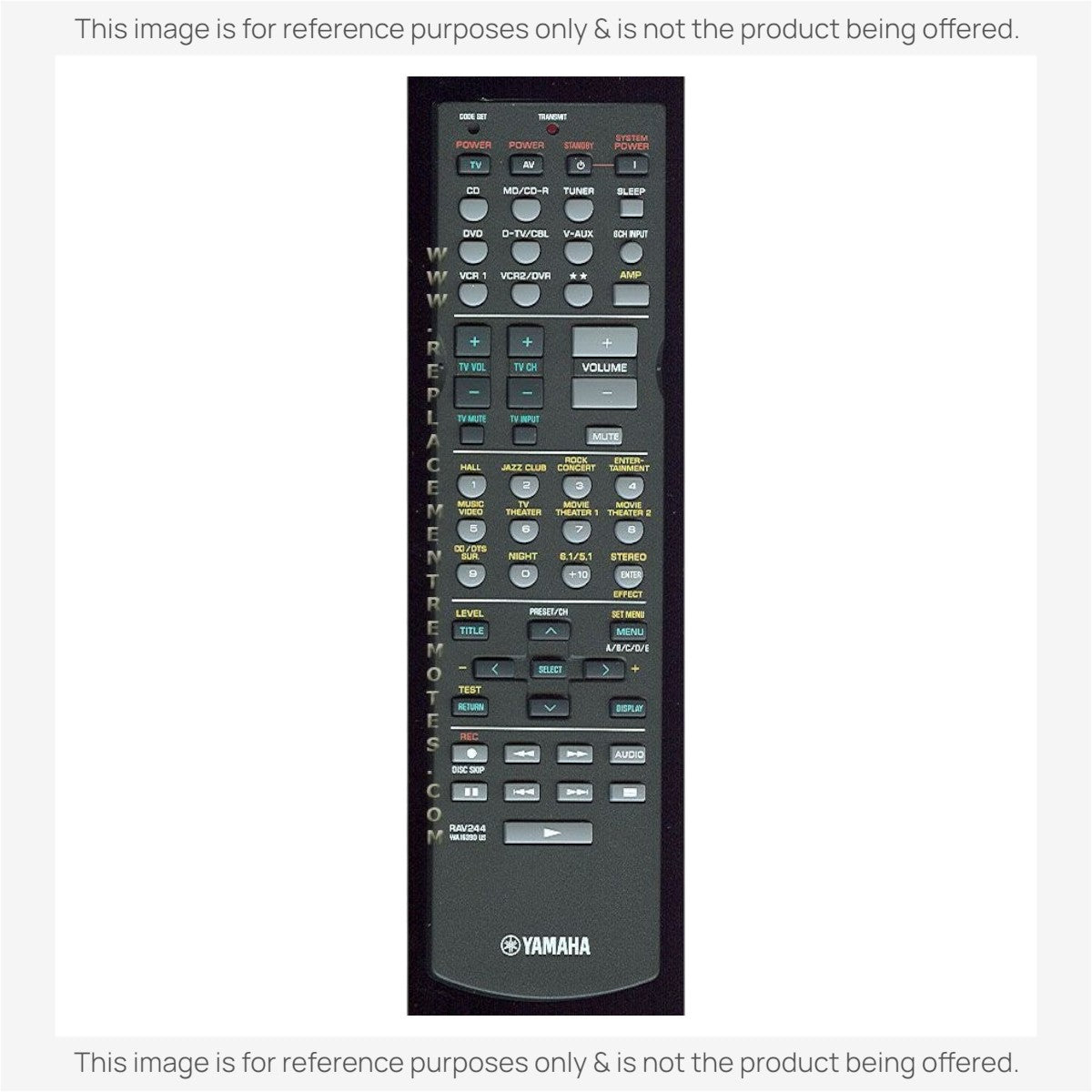 Anderic RRAV300 replacement remote control for Yamaha RAV244 receivers with black casing and multi-function buttons.